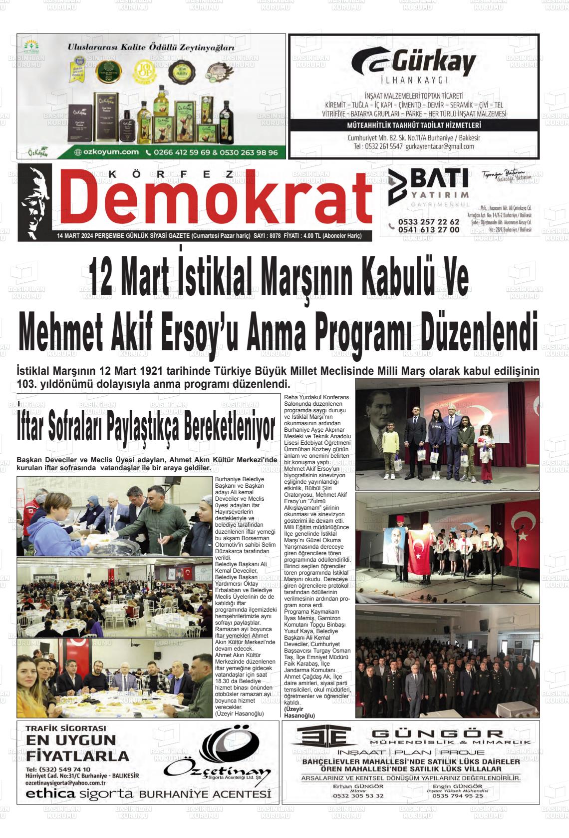 14 Mart 2024 Körfez Demokrat Gazete Manşeti