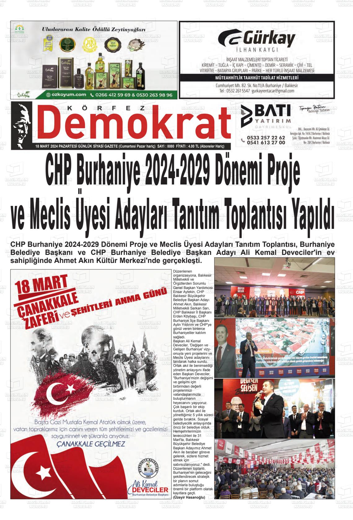 18 Mart 2024 Körfez Demokrat Gazete Manşeti