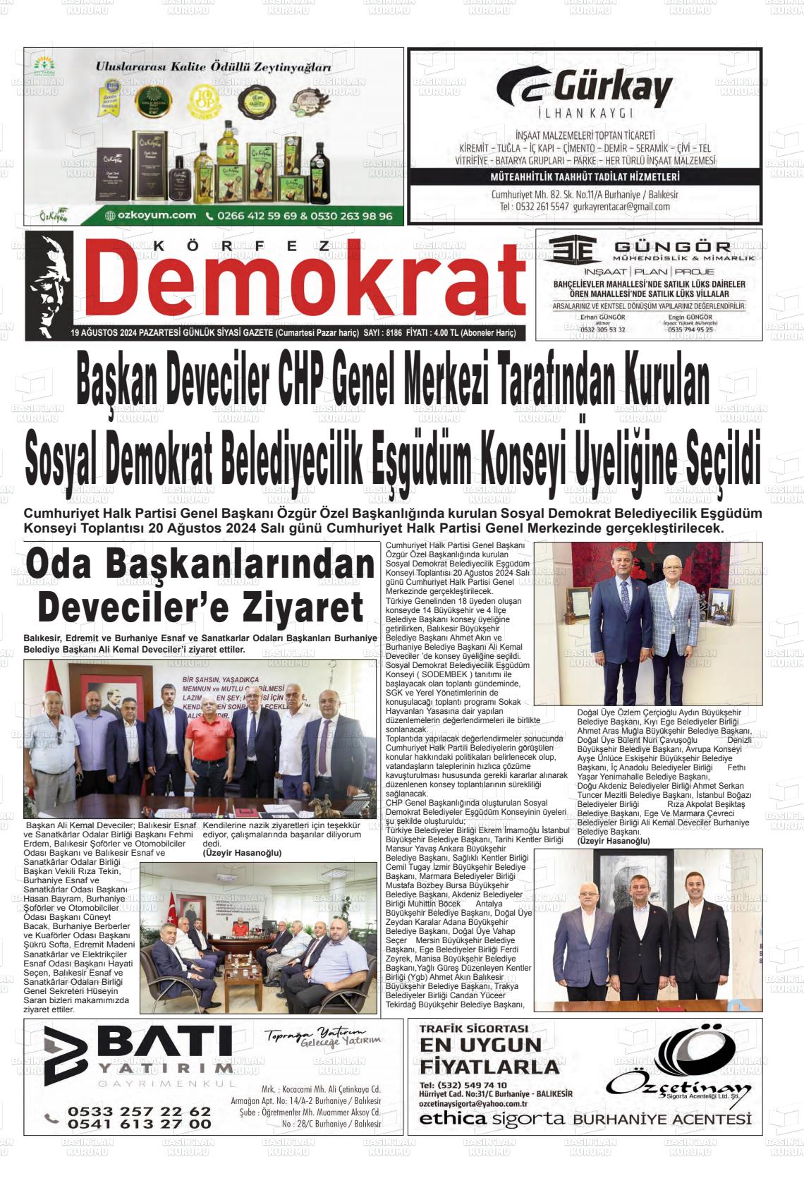 19 Ağustos 2024 Körfez Demokrat Gazete Manşeti