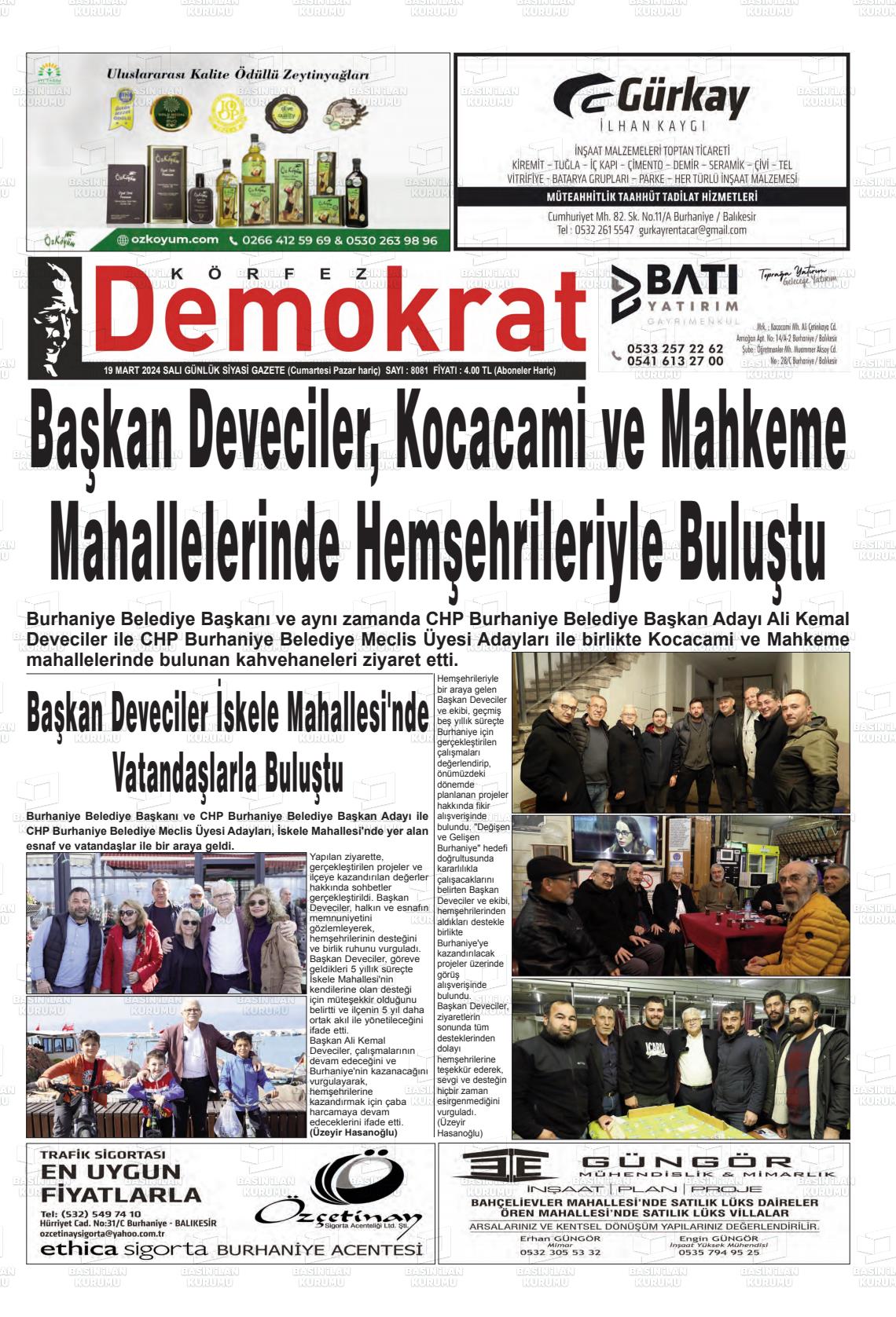 19 Mart 2024 Körfez Demokrat Gazete Manşeti