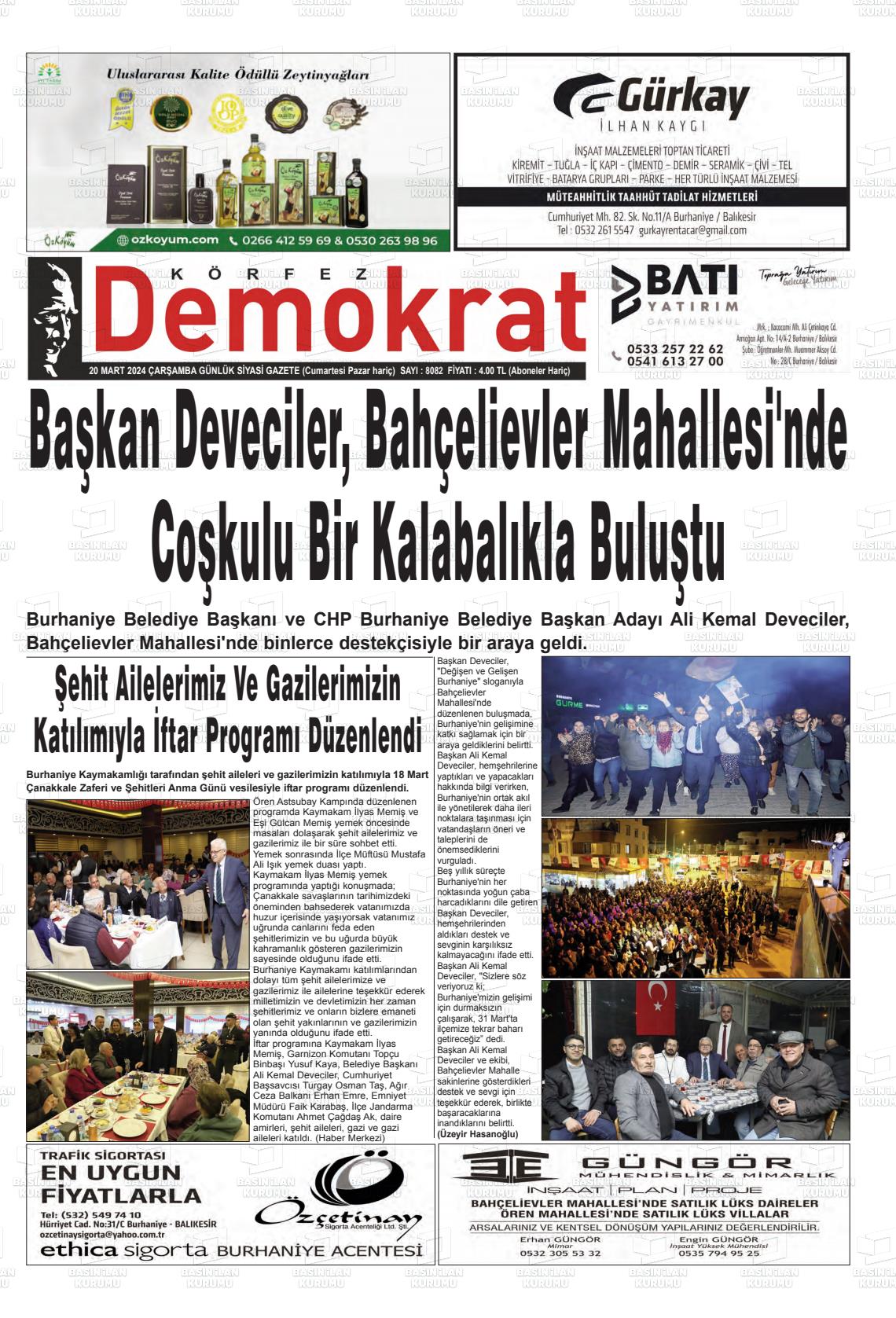 20 Mart 2024 Körfez Demokrat Gazete Manşeti