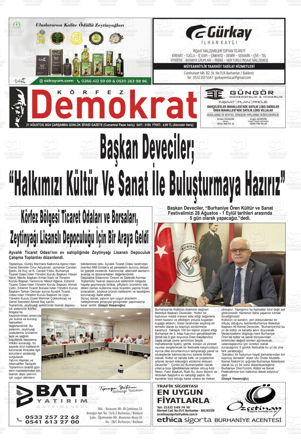 21 Ağustos 2024 Körfez Demokrat Gazete Manşeti