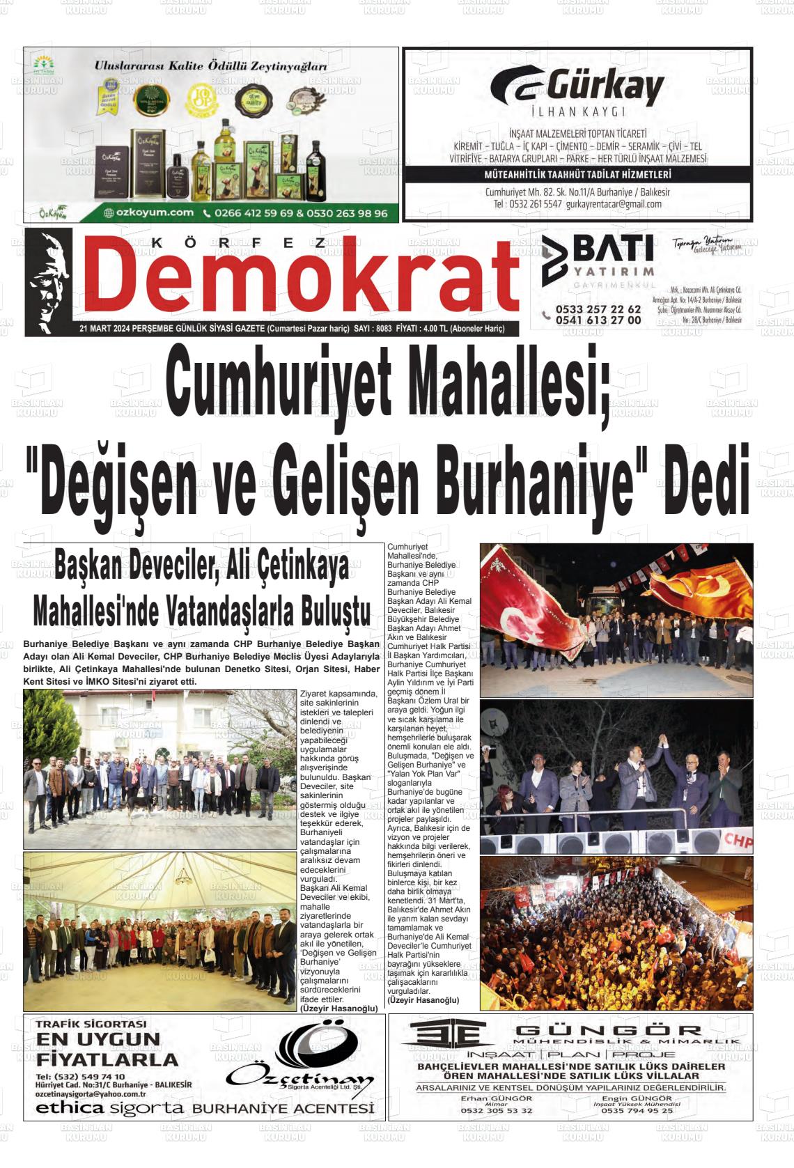 21 Mart 2024 Körfez Demokrat Gazete Manşeti