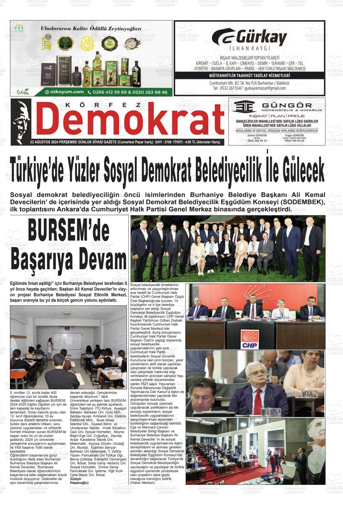 22 Ağustos 2024 Körfez Demokrat Gazete Manşeti