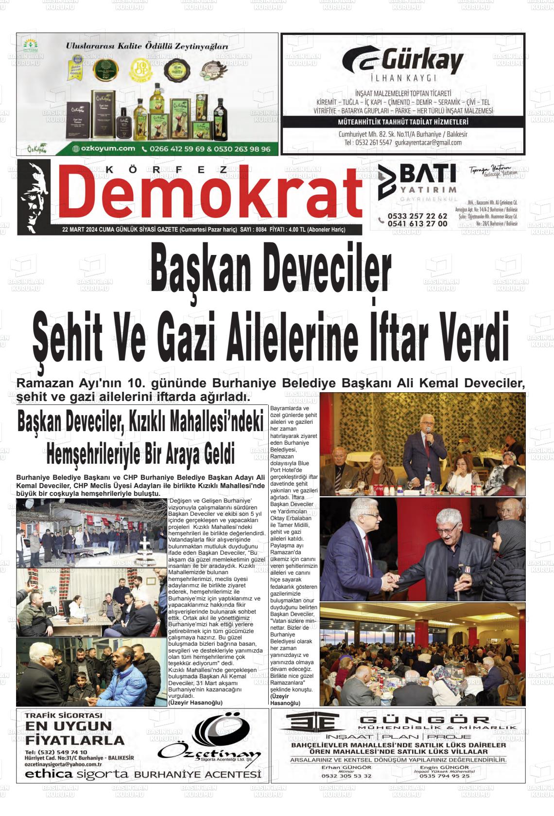 22 Mart 2024 Körfez Demokrat Gazete Manşeti