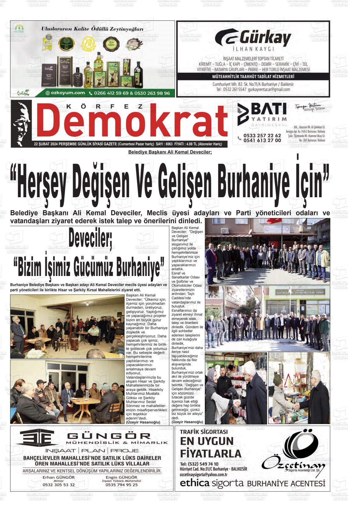 22 Şubat 2024 Körfez Demokrat Gazete Manşeti