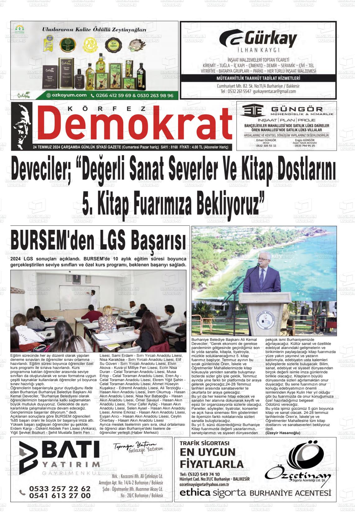 24 Temmuz 2024 Körfez Demokrat Gazete Manşeti