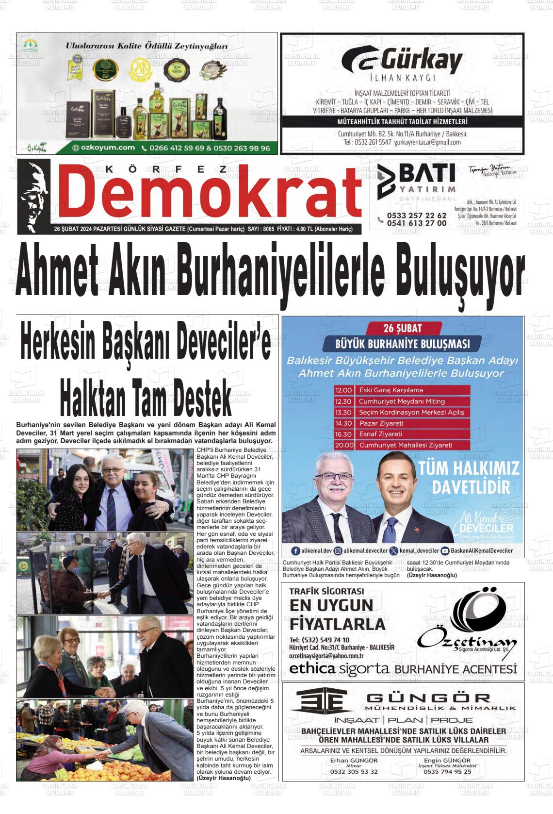 26 Şubat 2024 Körfez Demokrat Gazete Manşeti