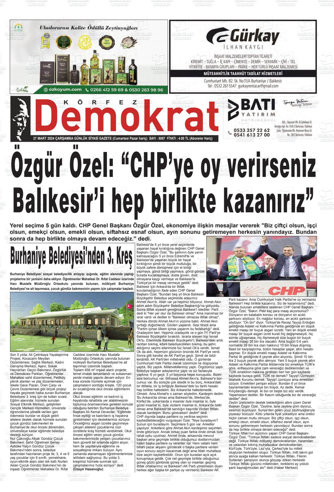 27 Mart 2024 Körfez Demokrat Gazete Manşeti