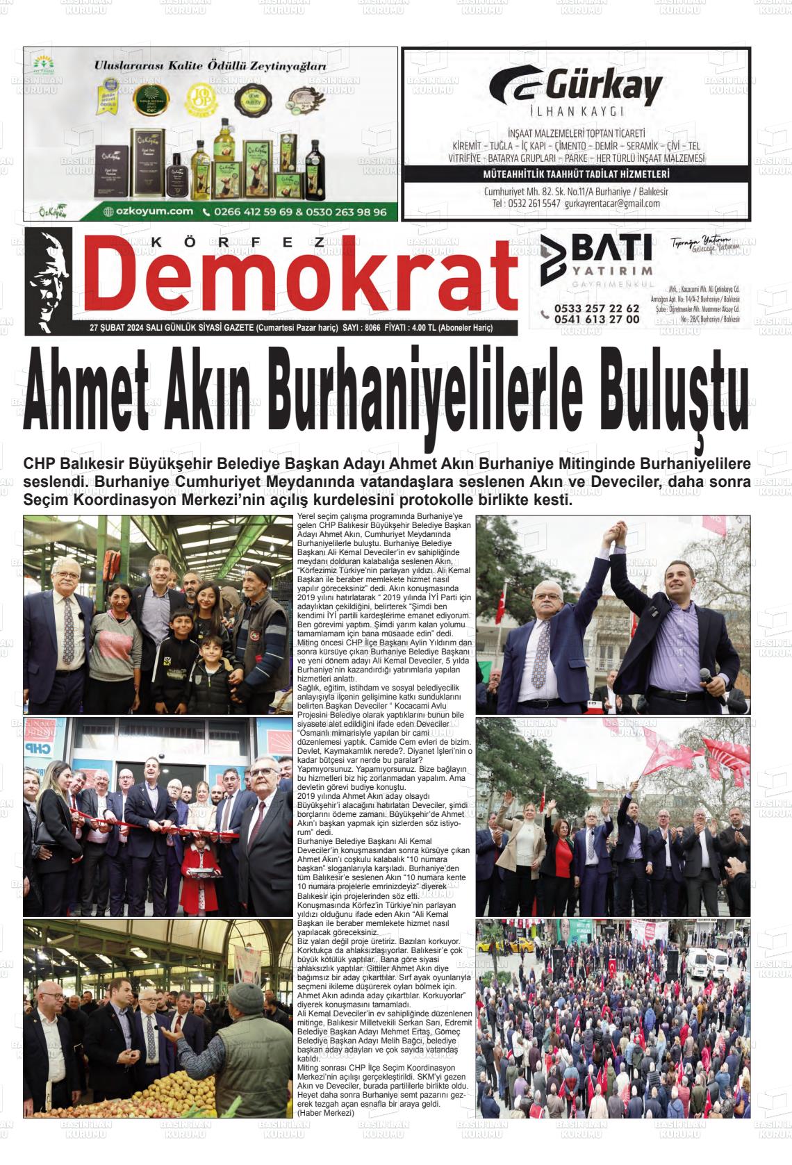 27 Şubat 2024 Körfez Demokrat Gazete Manşeti