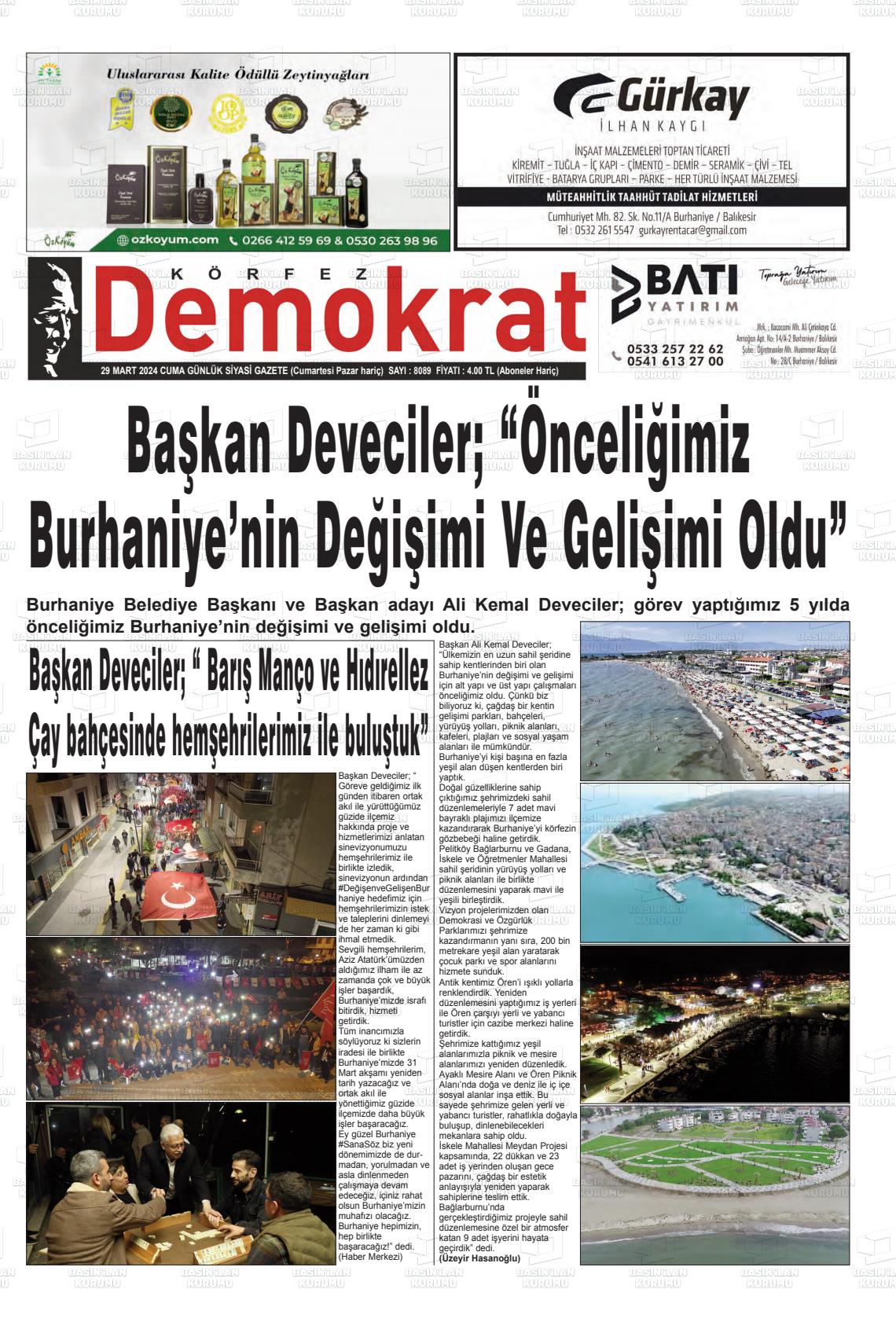 29 Mart 2024 Körfez Demokrat Gazete Manşeti