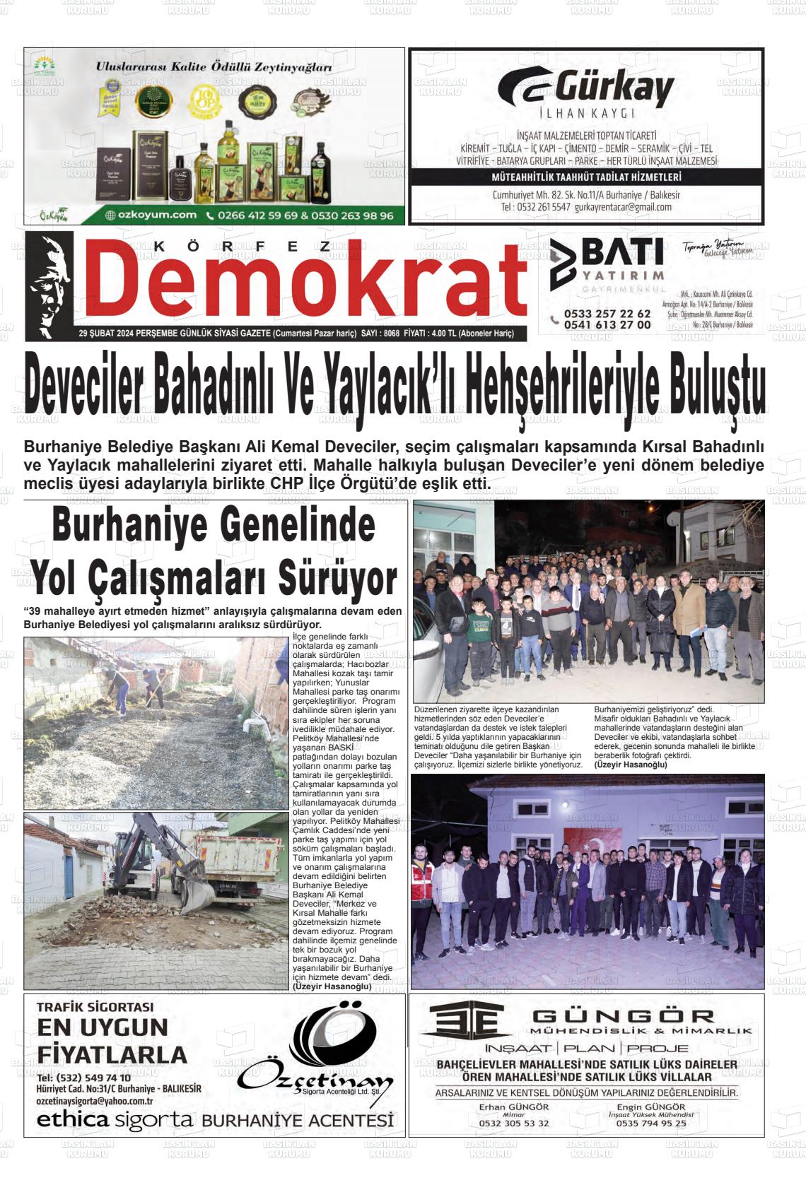 29 Şubat 2024 Körfez Demokrat Gazete Manşeti