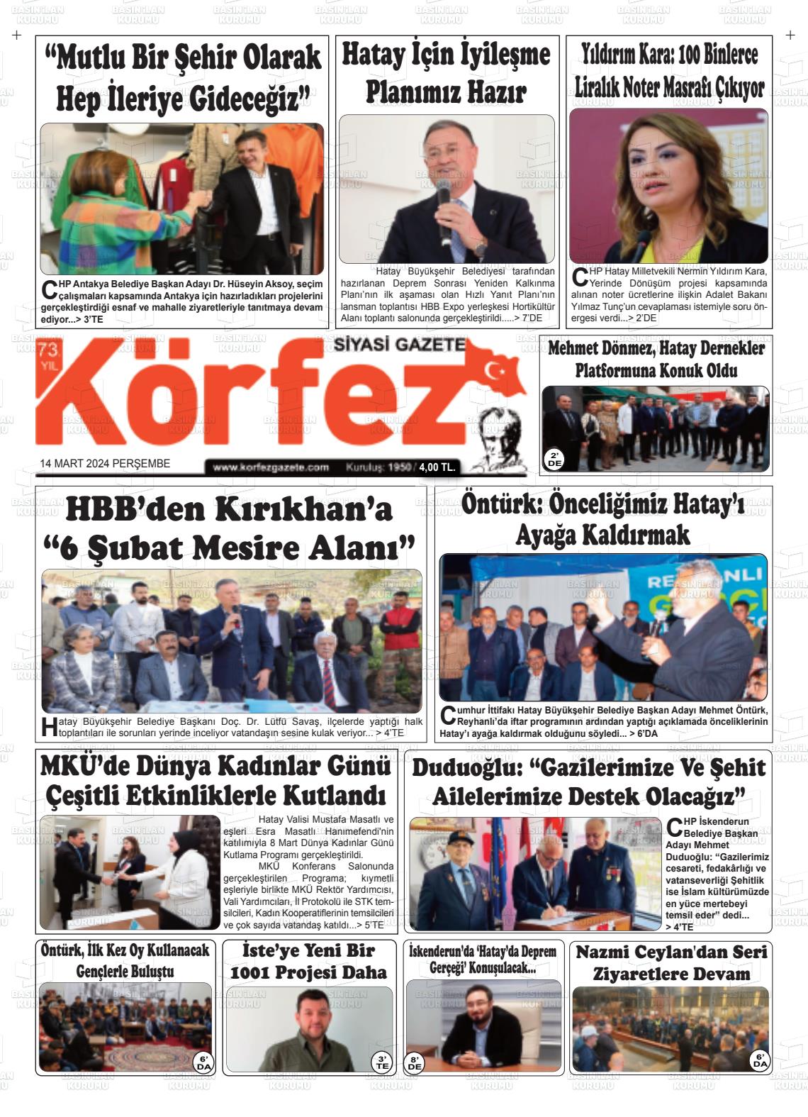 14 Mart 2024 İskenderun Körfez Gazete Manşeti