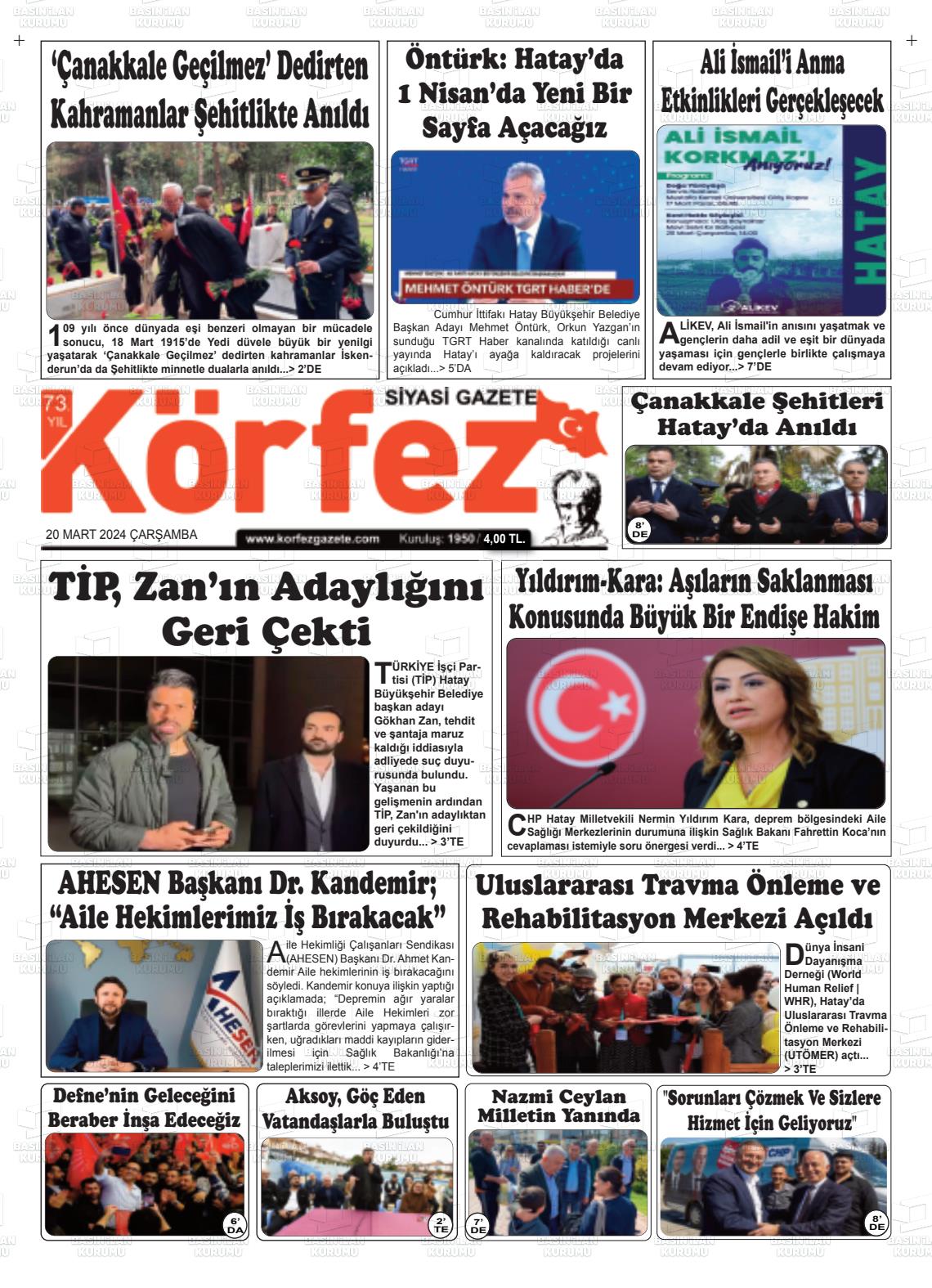 20 Mart 2024 İskenderun Körfez Gazete Manşeti