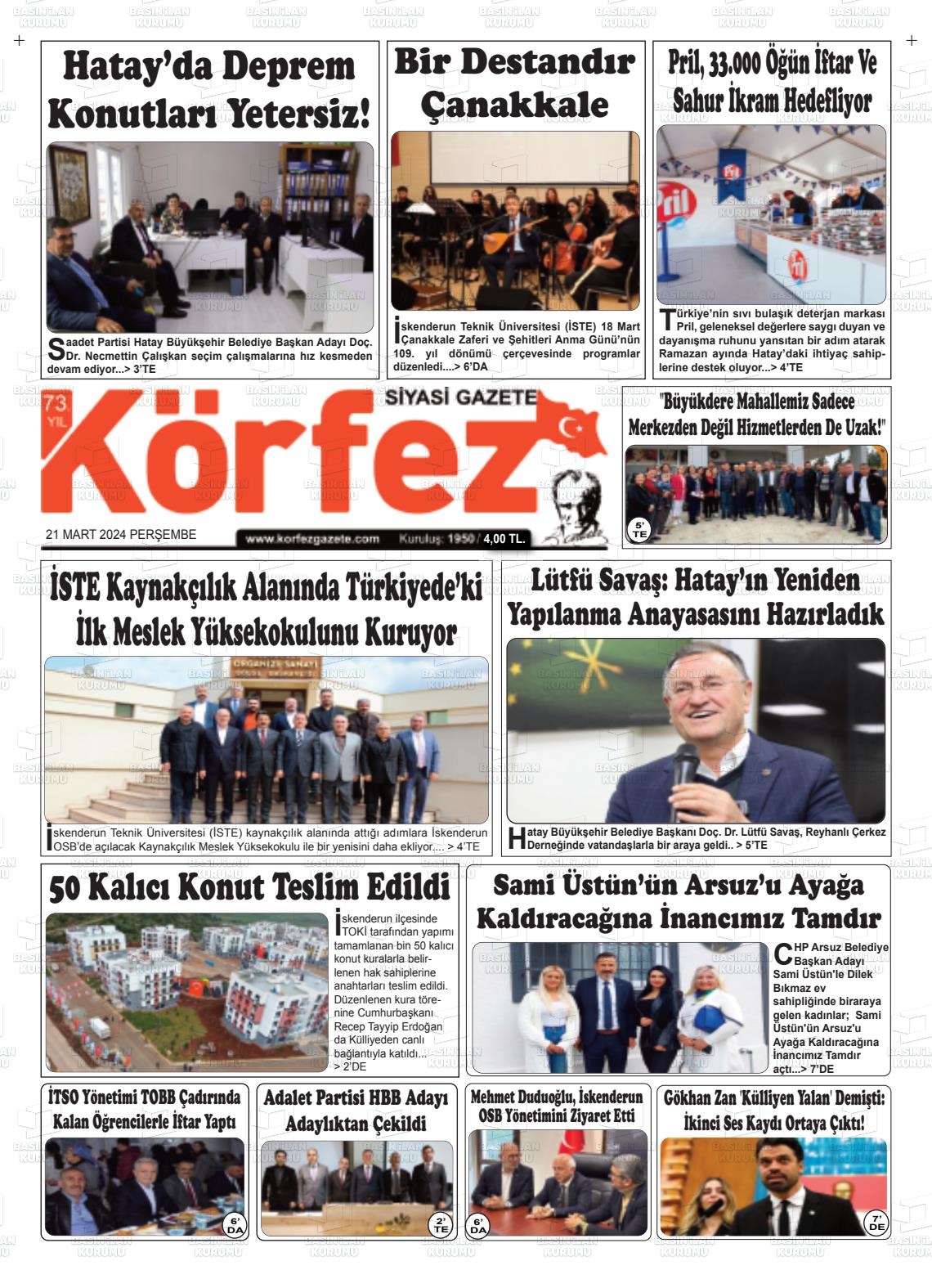 21 Mart 2024 İskenderun Körfez Gazete Manşeti