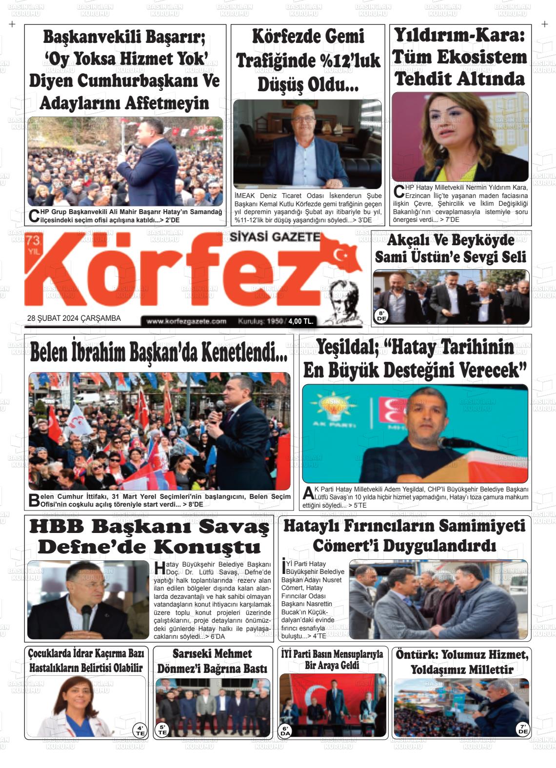 28 Şubat 2024 İskenderun Körfez Gazete Manşeti