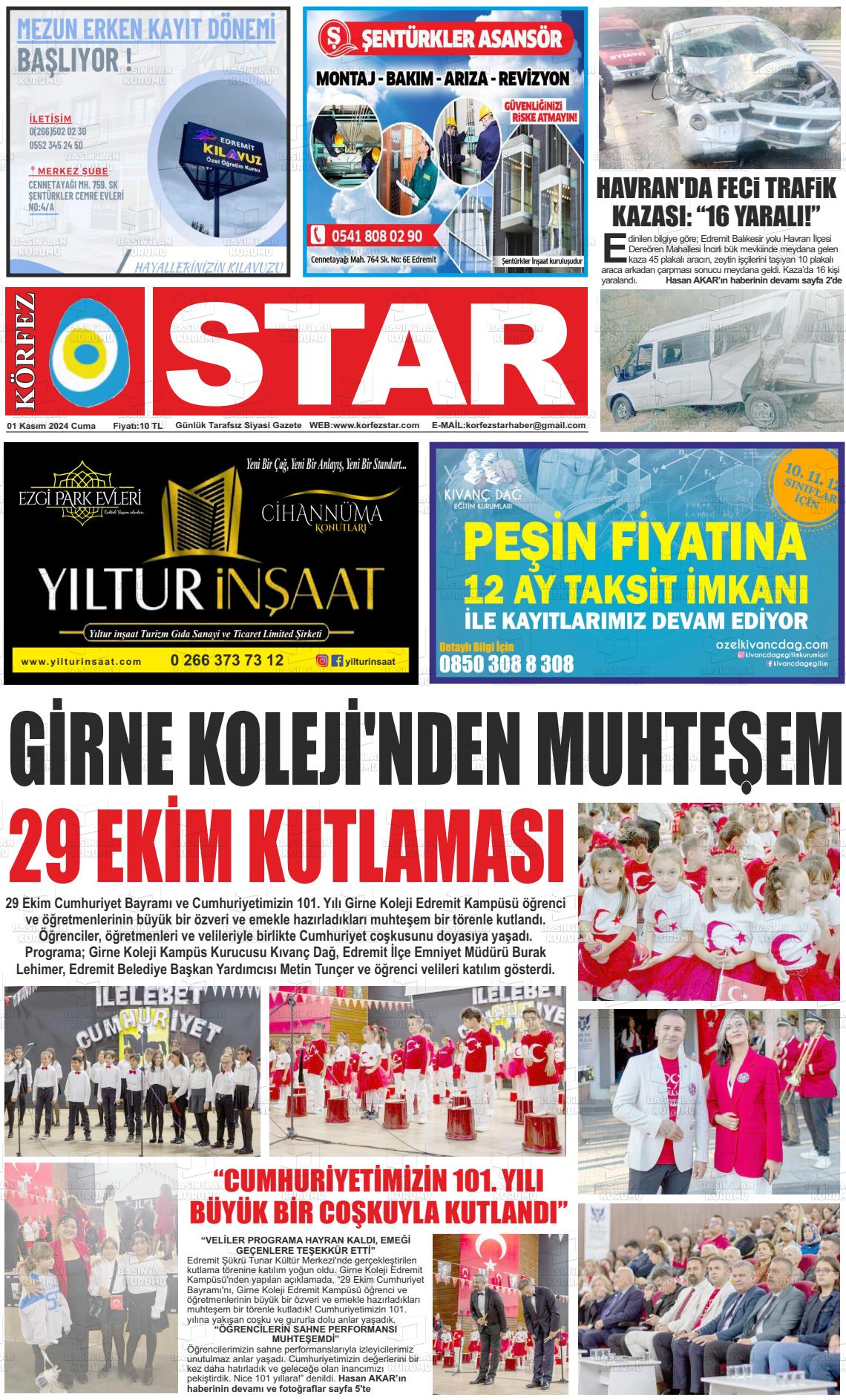 01 Kasım 2024 Körfez Star Gazete Manşeti