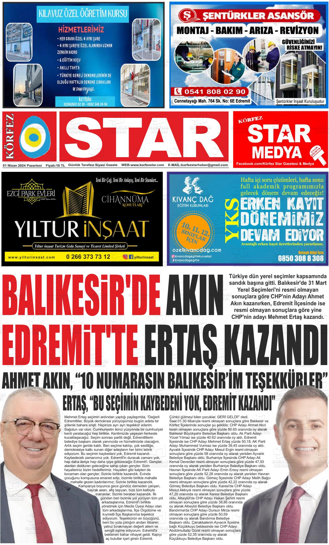 01 Nisan 2024 Körfez Star Gazete Manşeti