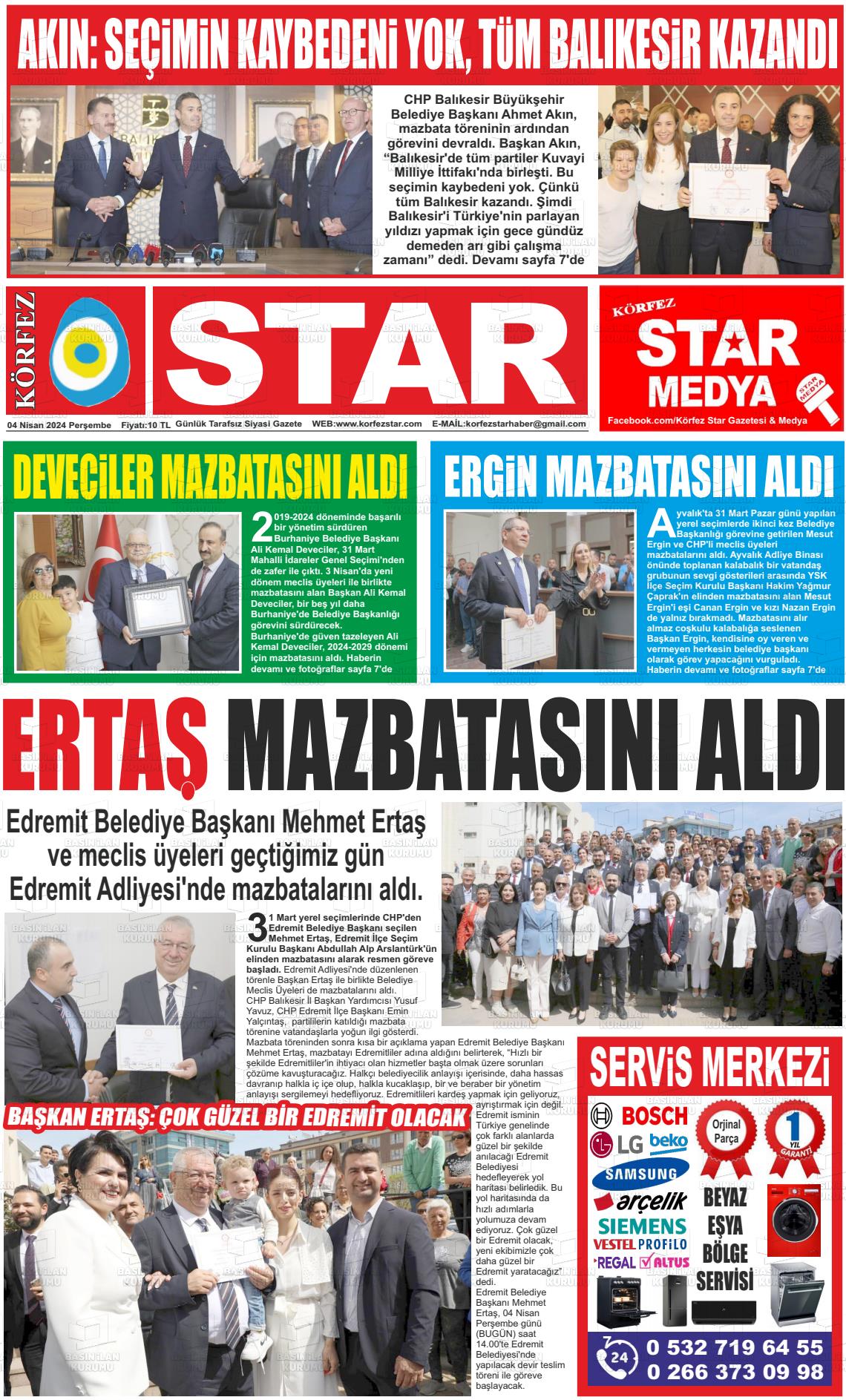 04 Nisan 2024 Körfez Star Gazete Manşeti