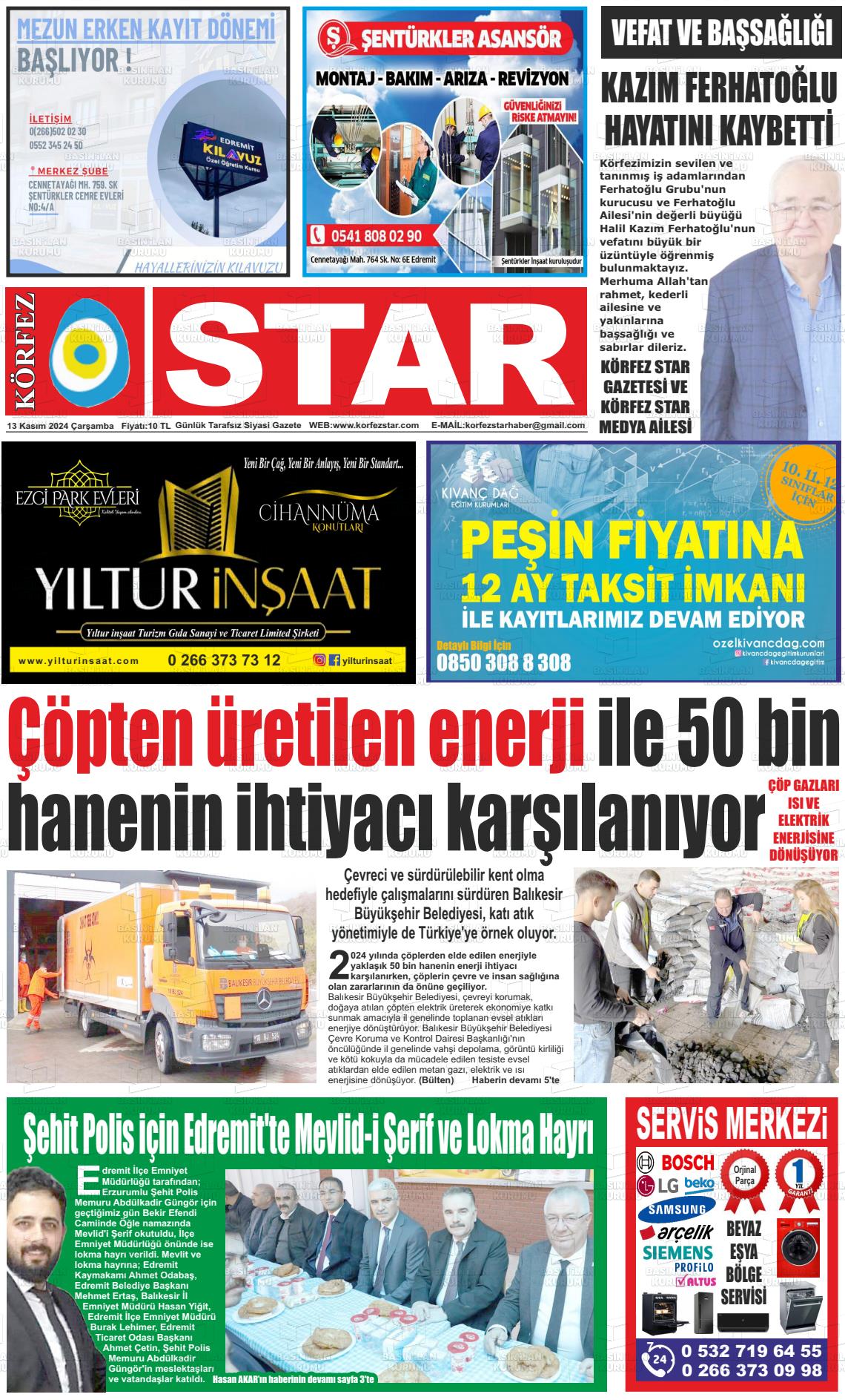 13 Kasım 2024 Körfez Star Gazete Manşeti