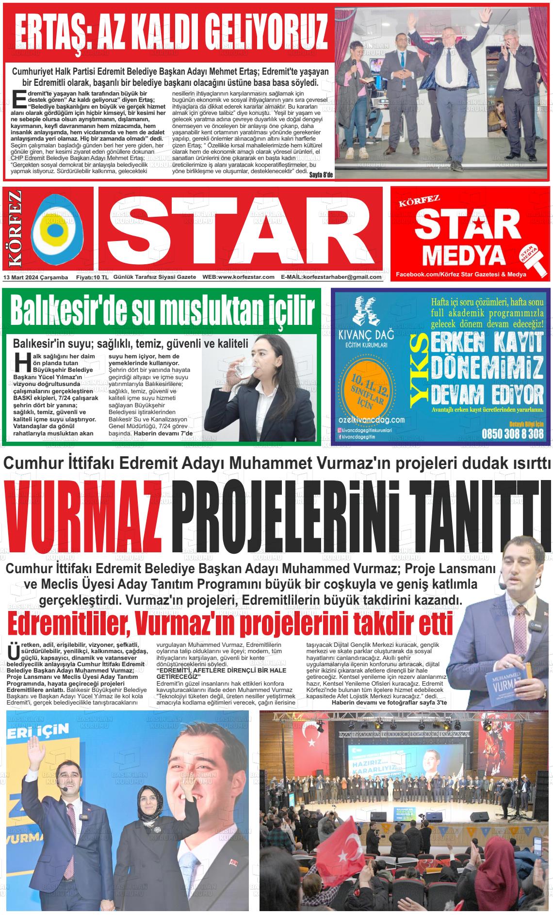 13 Mart 2024 Körfez Star Gazete Manşeti