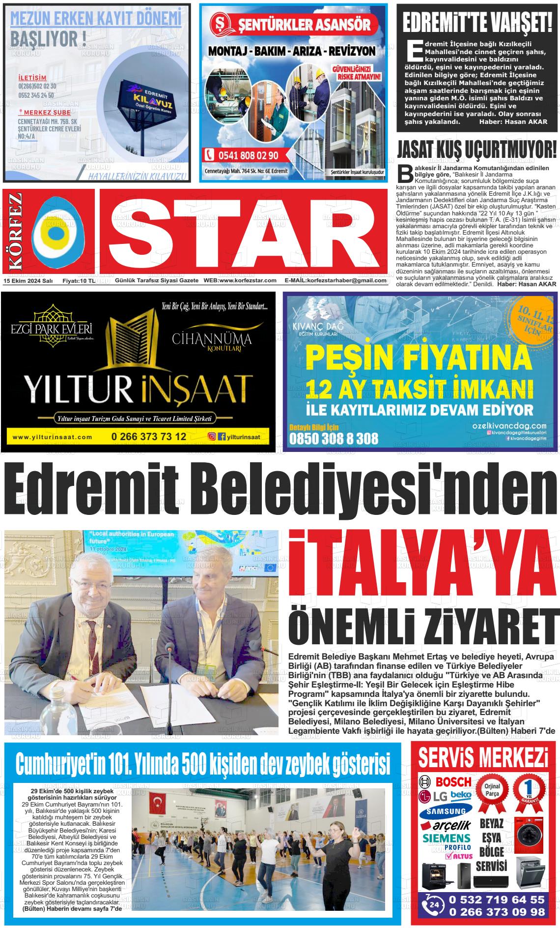 15 Ekim 2024 Körfez Star Gazete Manşeti