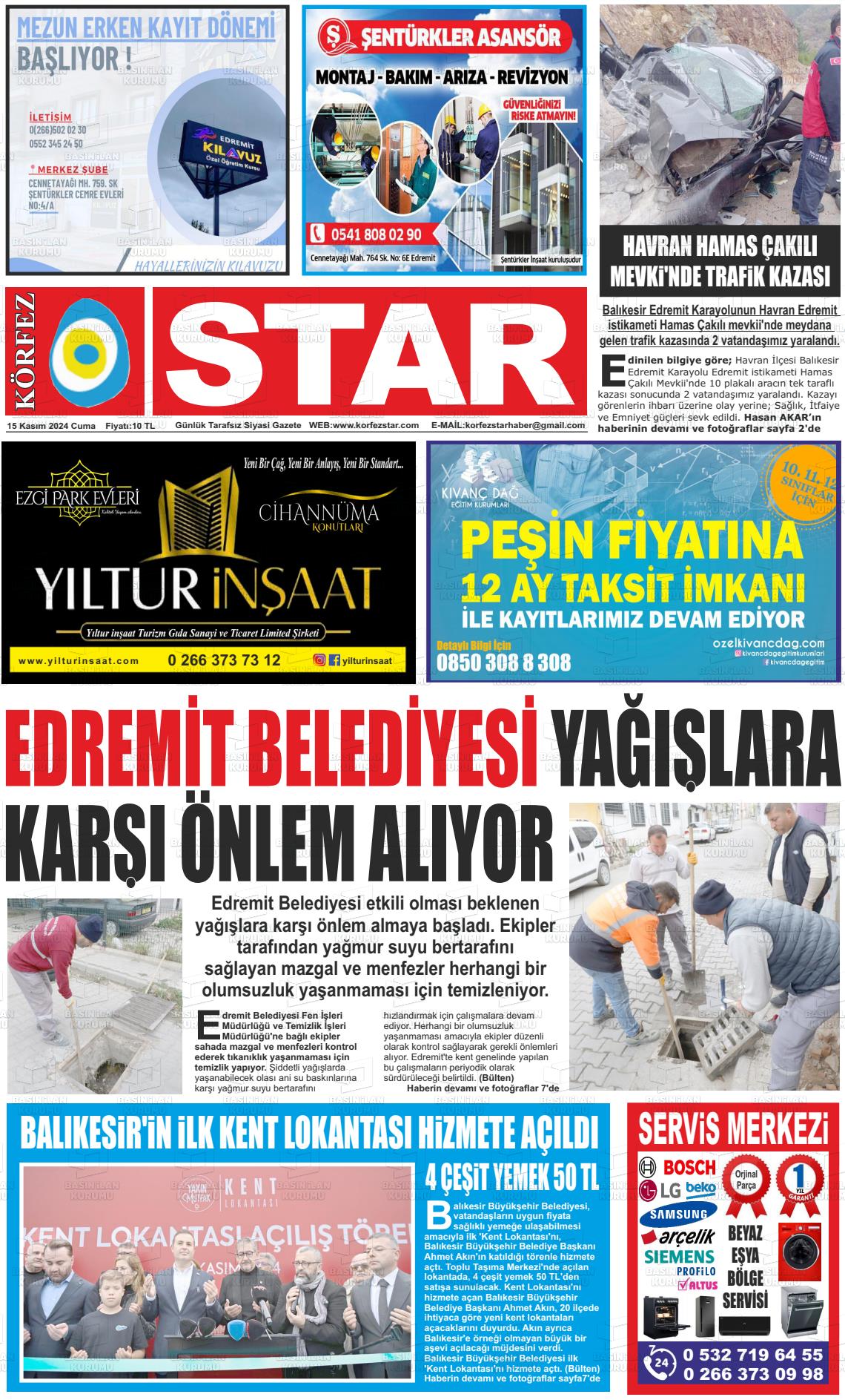 15 Kasım 2024 Körfez Star Gazete Manşeti