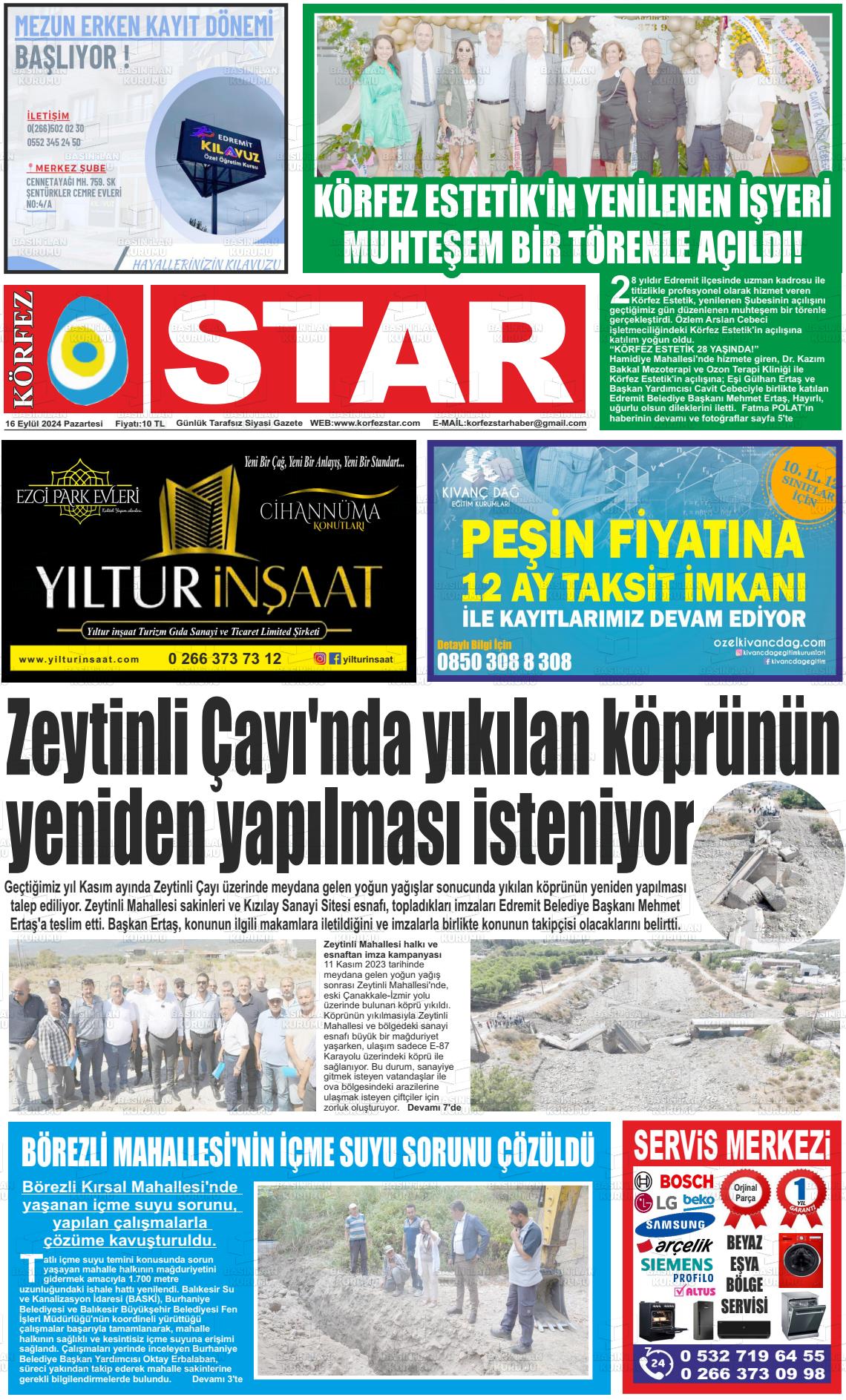 16 Eylül 2024 Körfez Star Gazete Manşeti