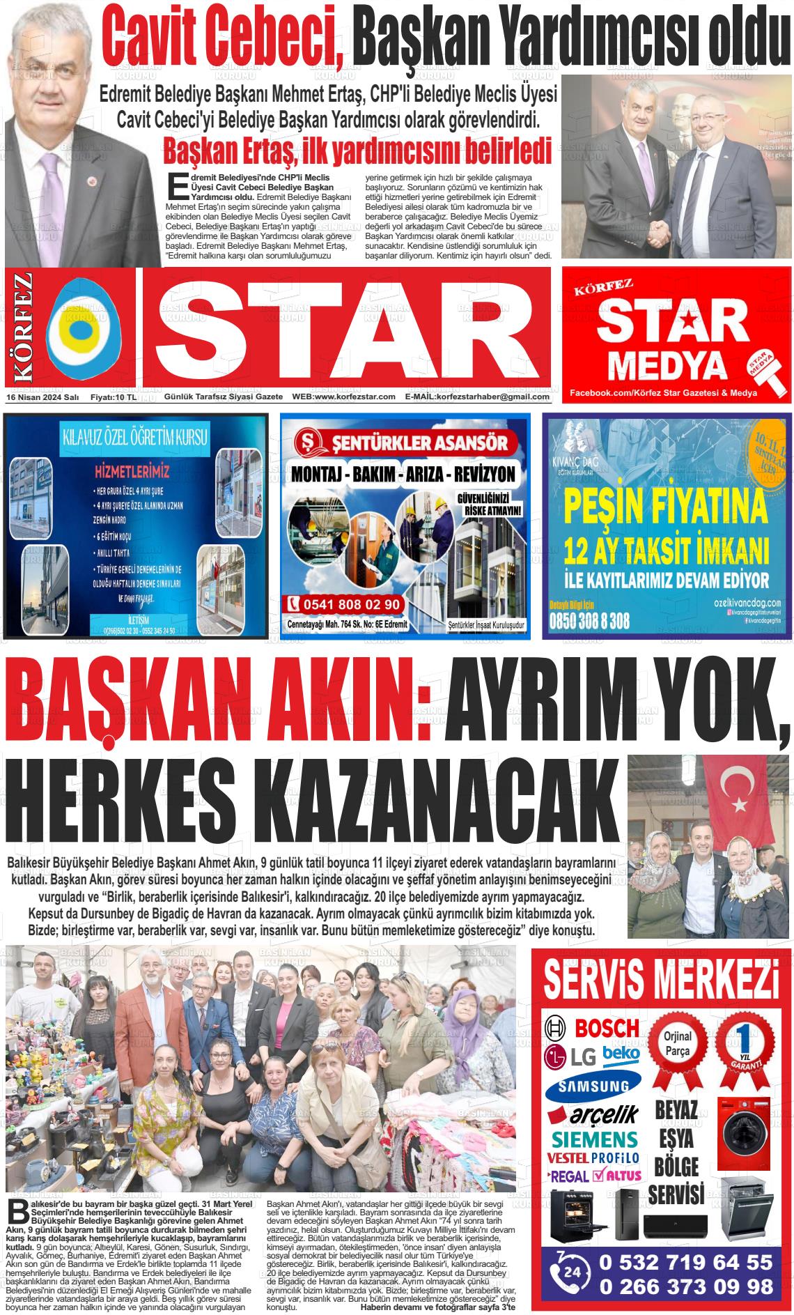 16 Nisan 2024 Körfez Star Gazete Manşeti