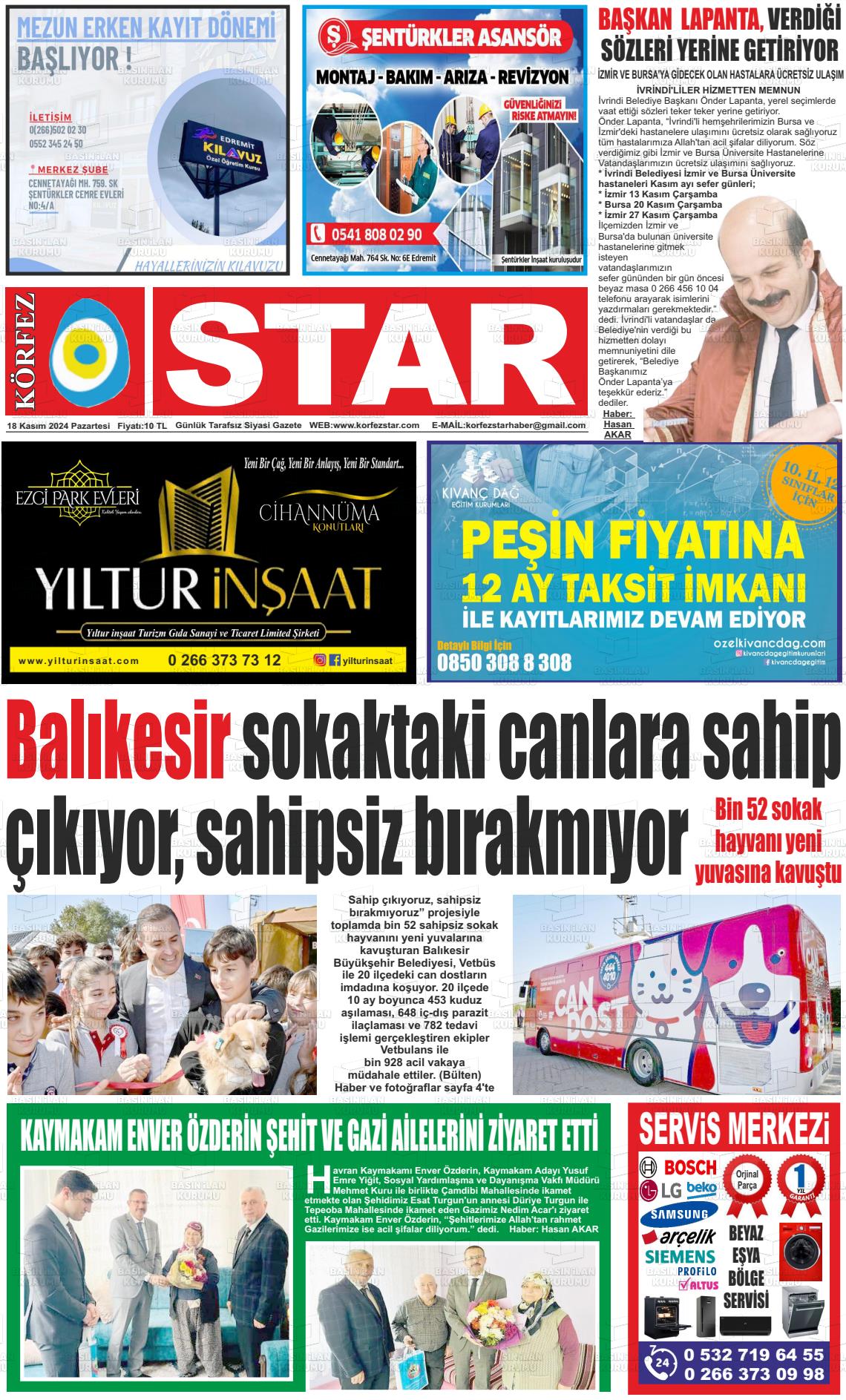 18 Kasım 2024 Körfez Star Gazete Manşeti