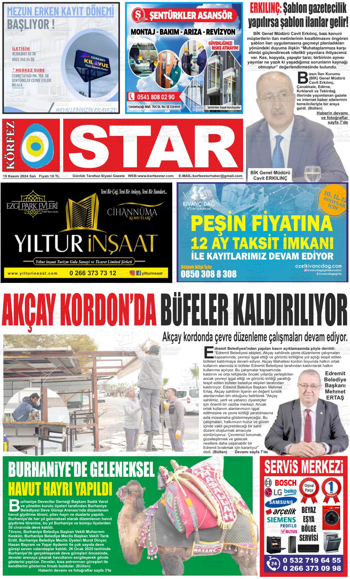 19 Kasım 2024 Körfez Star Gazete Manşeti