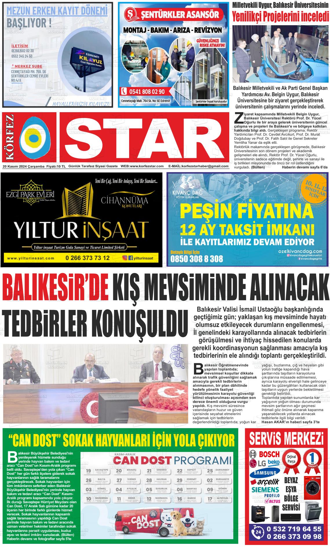 20 Kasım 2024 Körfez Star Gazete Manşeti