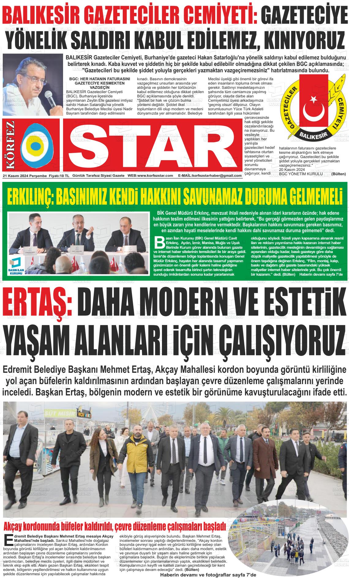 21 Kasım 2024 Körfez Star Gazete Manşeti