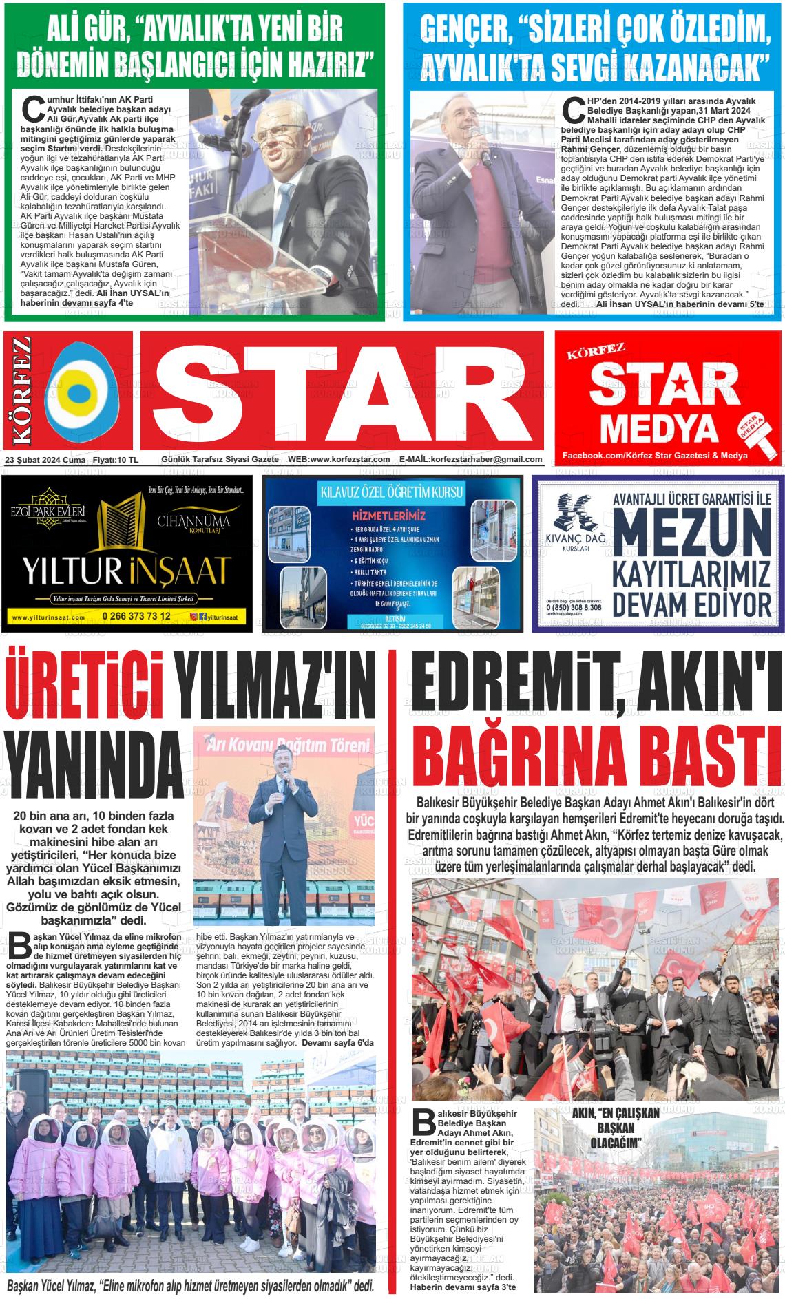 23 Şubat 2024 Körfez Star Gazete Manşeti