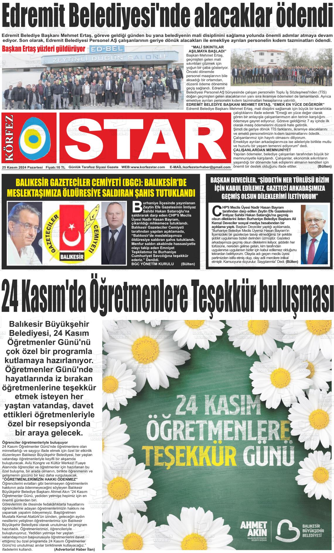 25 Kasım 2024 Körfez Star Gazete Manşeti