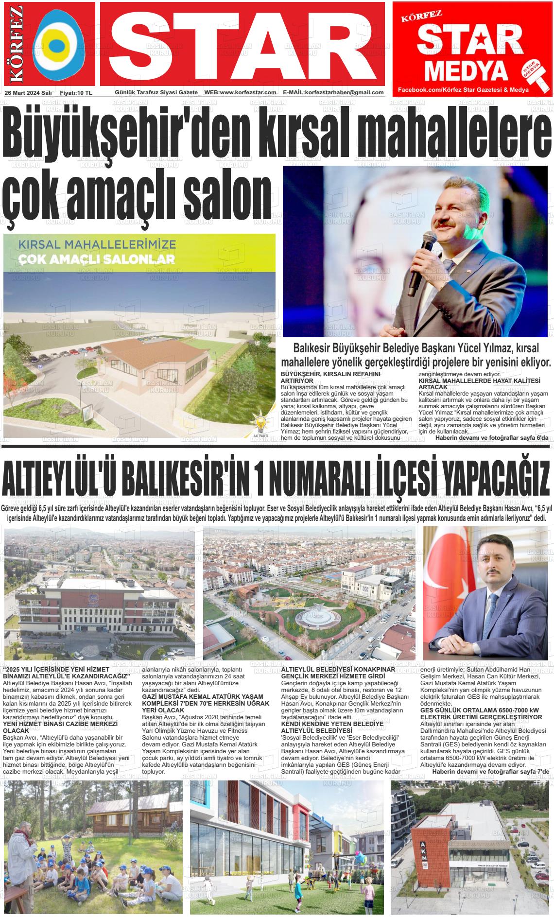 26 Mart 2024 Körfez Star Gazete Manşeti