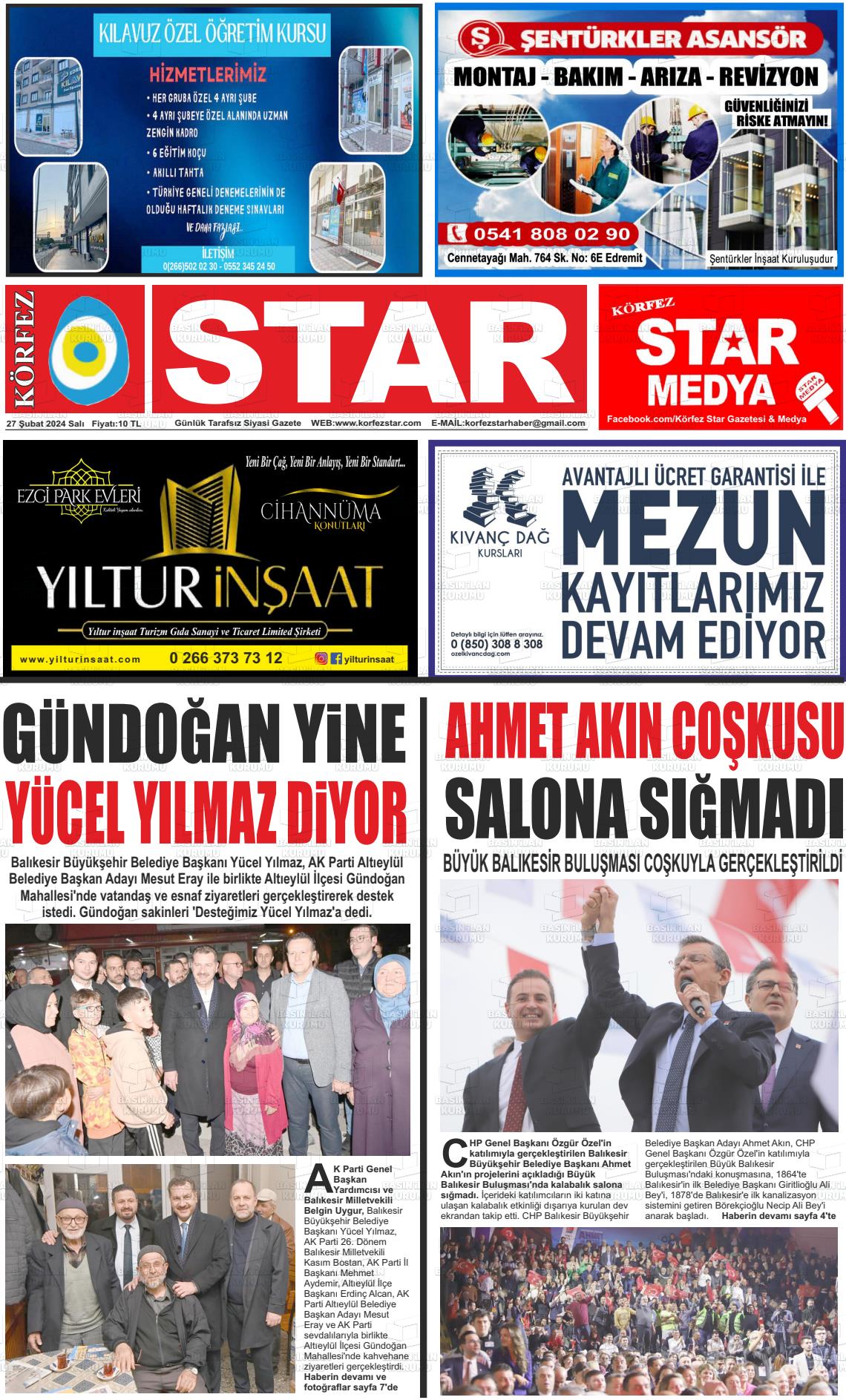 27 Şubat 2024 Körfez Star Gazete Manşeti