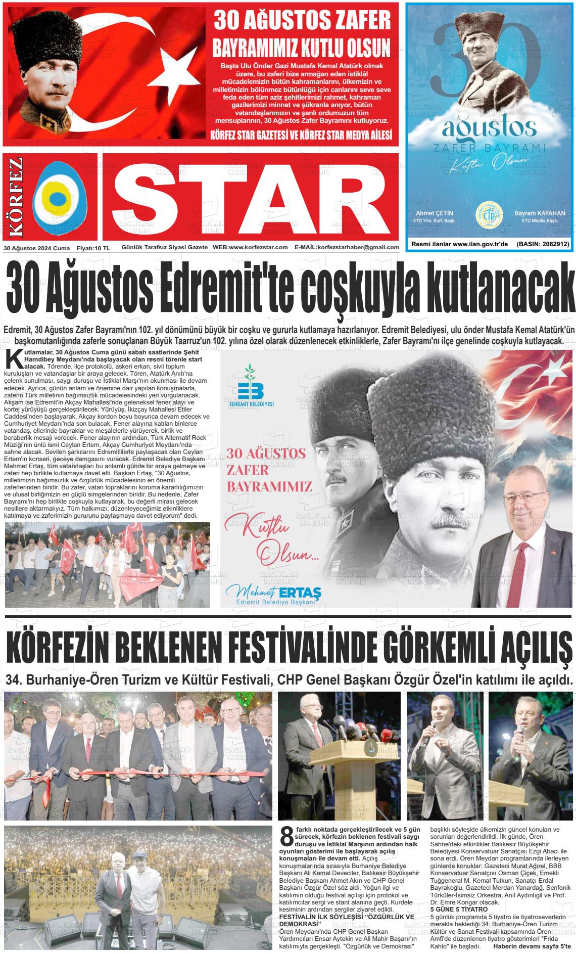 30 Ağustos 2024 Körfez Star Gazete Manşeti