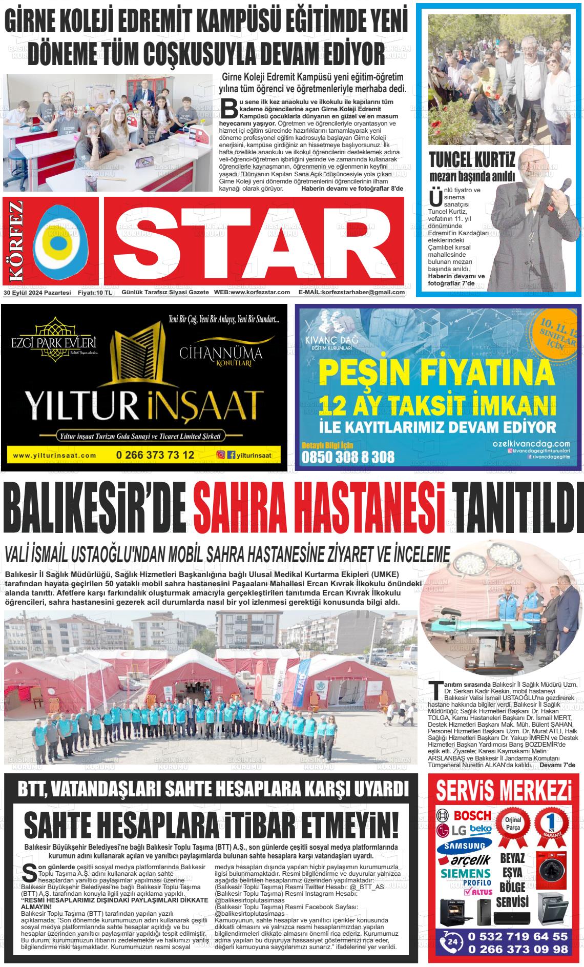 30 Eylül 2024 Körfez Star Gazete Manşeti