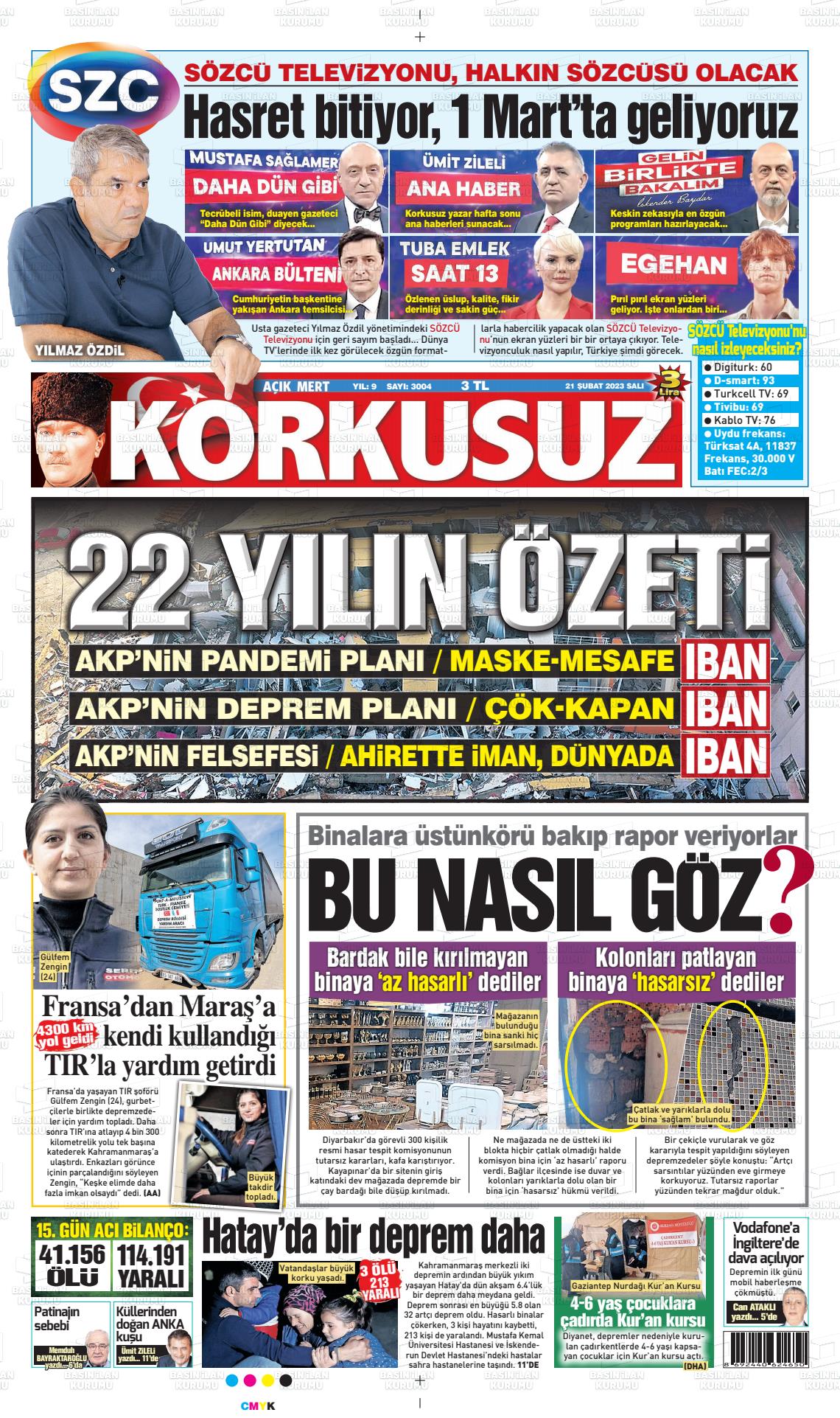 21 Şubat 2023 Korkusuz Gazete Gazete Manşeti