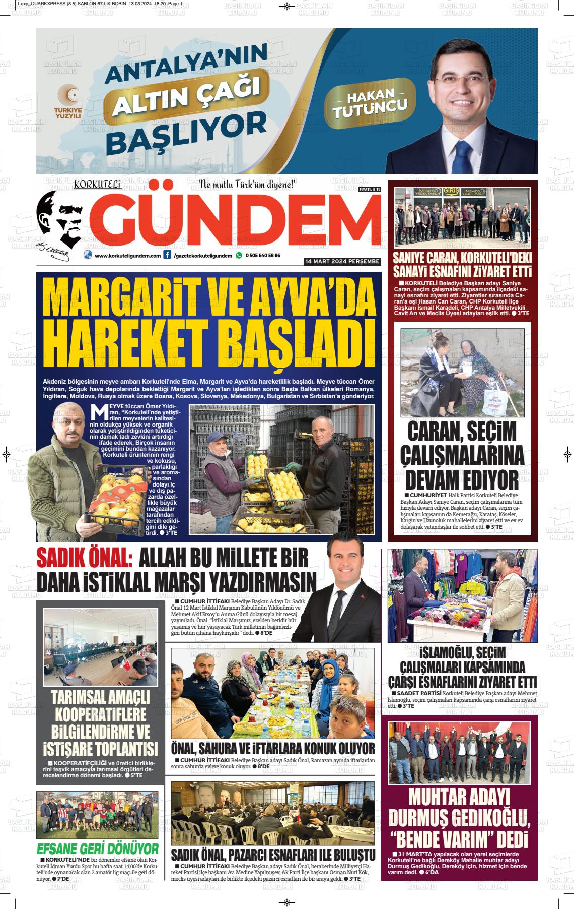 14 Mart 2024 Korkuteli Gündem Gazete Manşeti