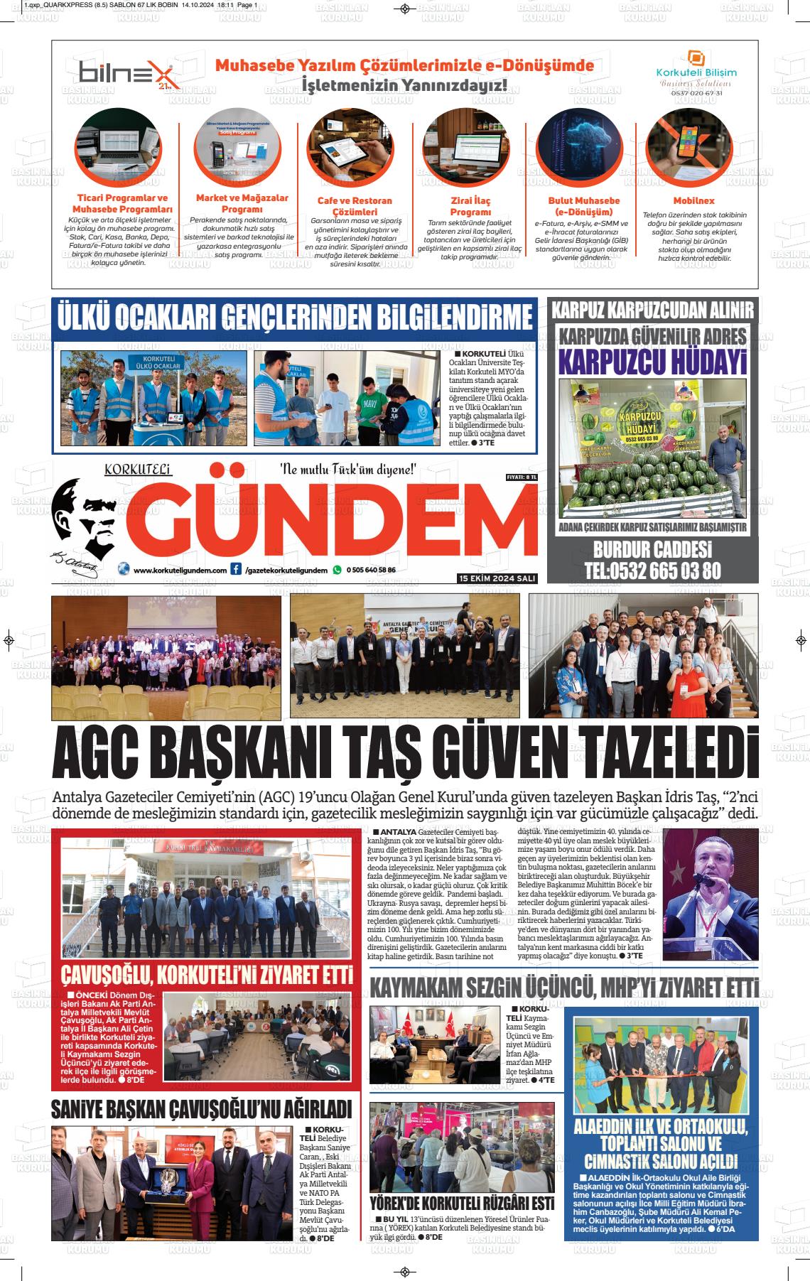 15 Ekim 2024 Korkuteli Gündem Gazete Manşeti