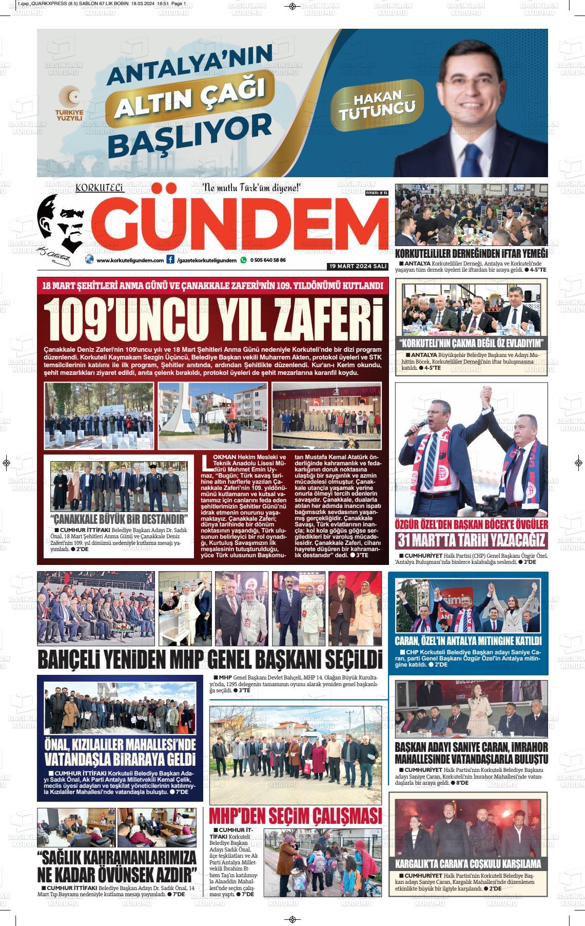 19 Mart 2024 Korkuteli Gündem Gazete Manşeti