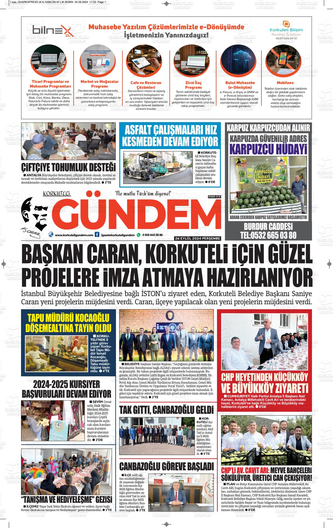 26 Eylül 2024 Korkuteli Gündem Gazete Manşeti