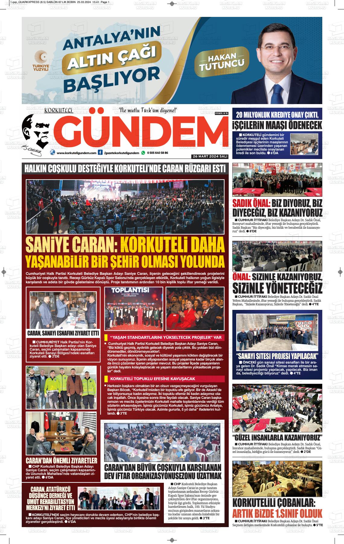 26 Mart 2024 Korkuteli Gündem Gazete Manşeti