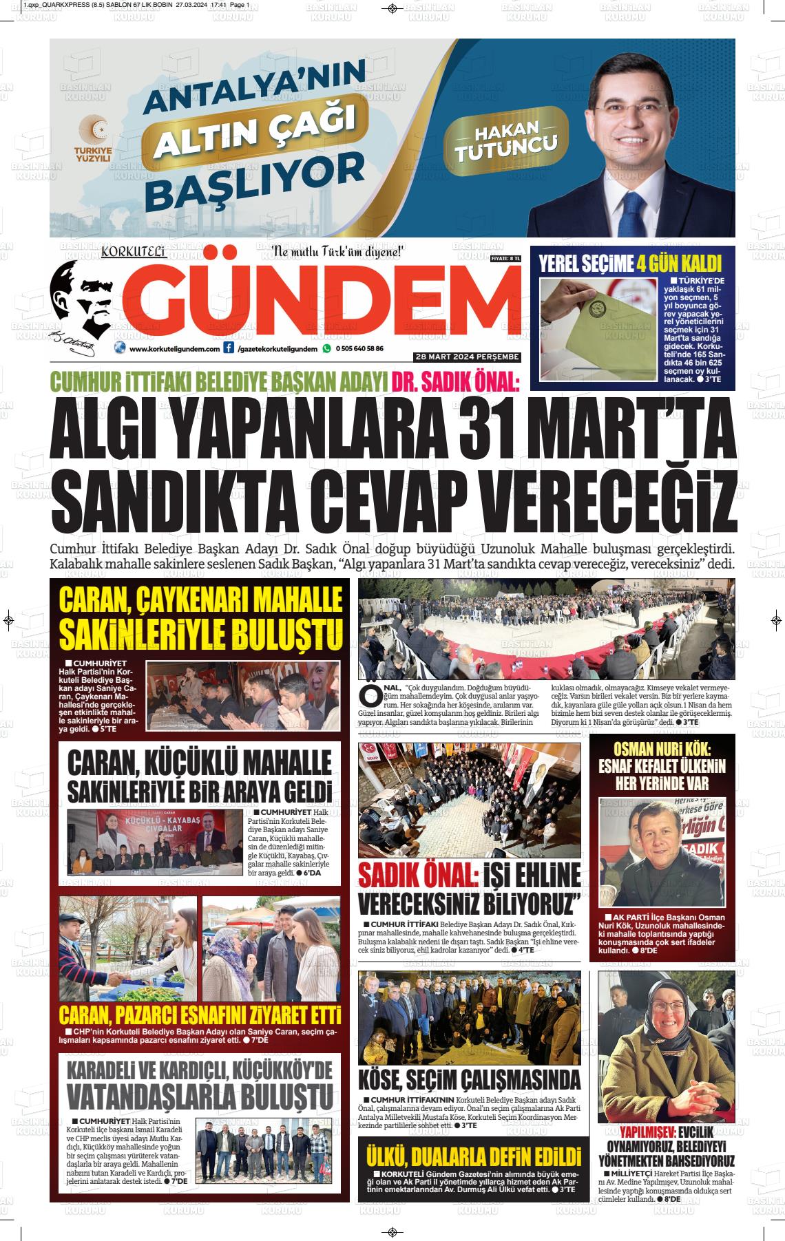 28 Mart 2024 Korkuteli Gündem Gazete Manşeti