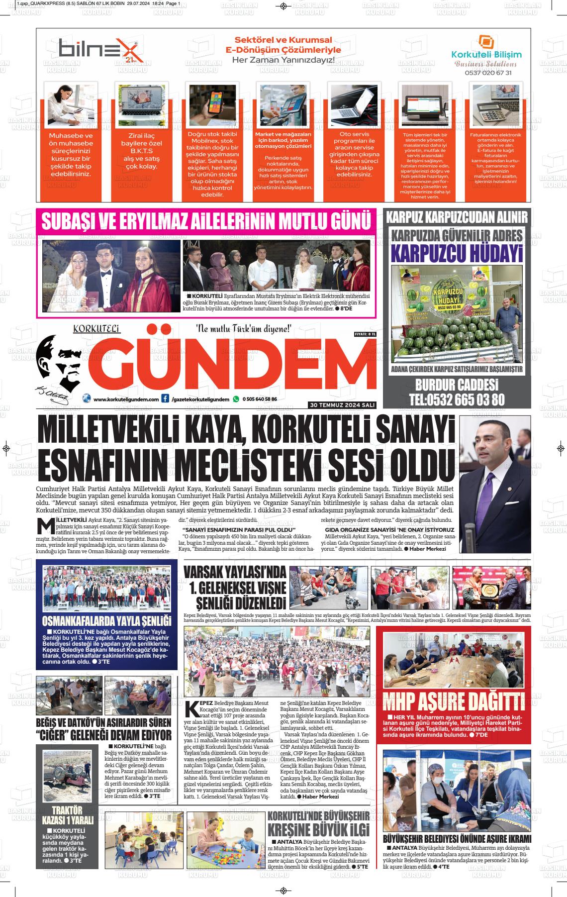 30 Temmuz 2024 Korkuteli Gündem Gazete Manşeti