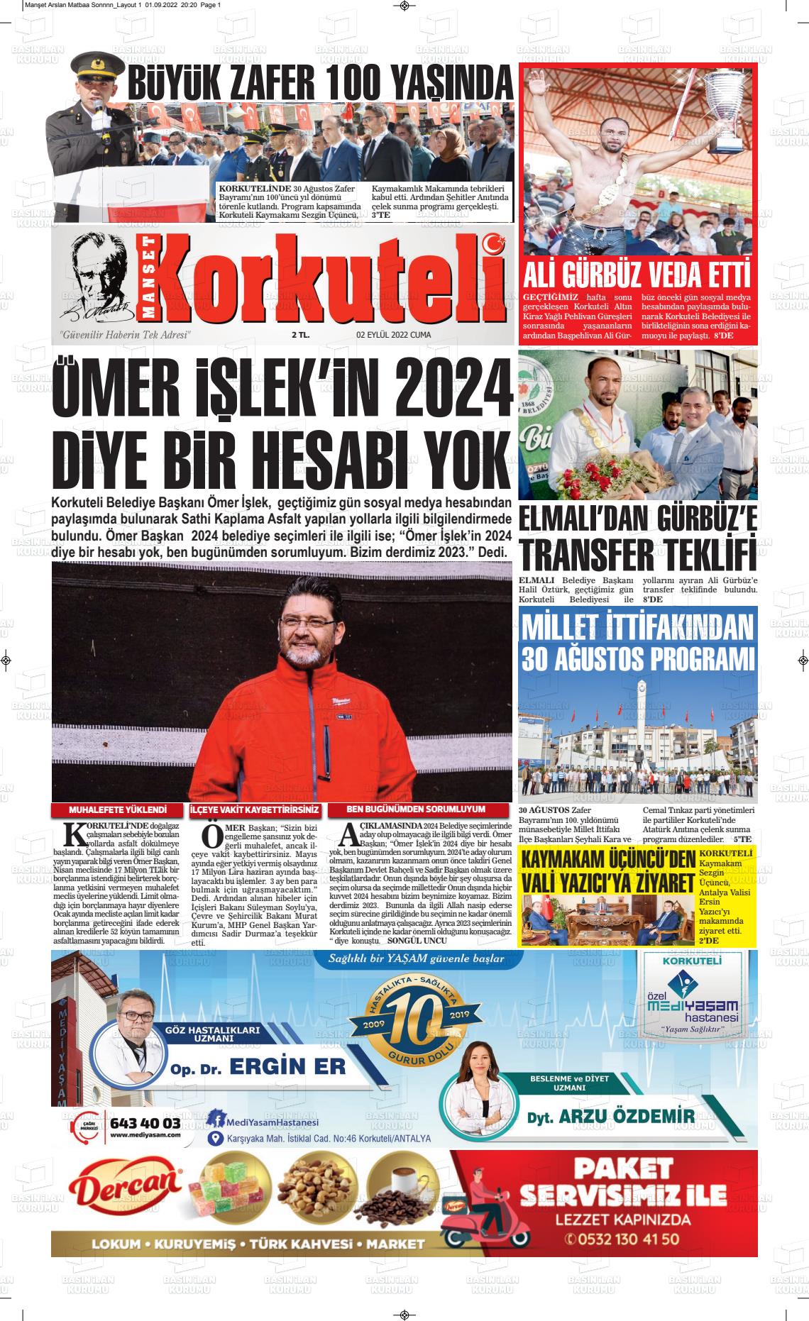 02 Eylül 2022 Korkuteli Manşet Gazete Manşeti