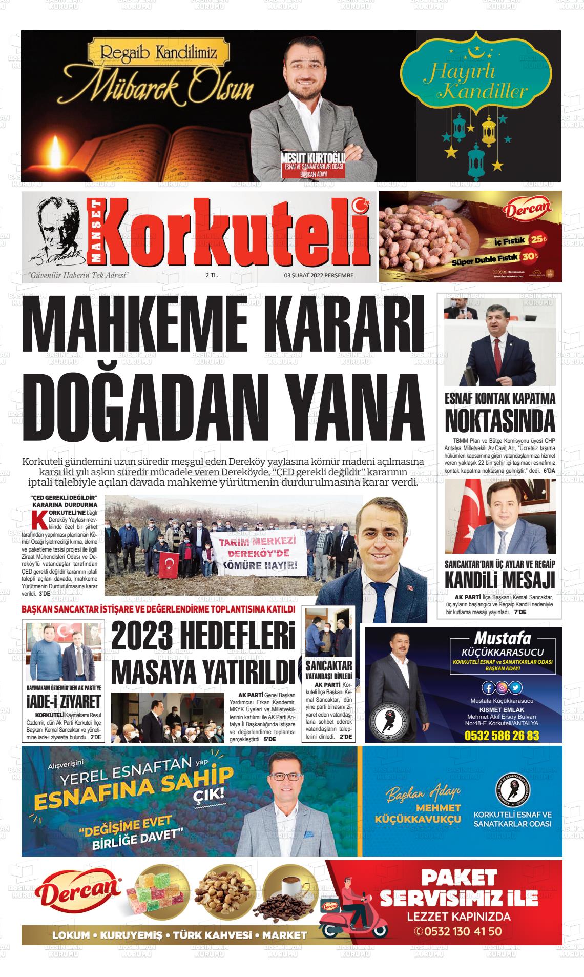 03 Şubat 2022 Korkuteli Manşet Gazete Manşeti