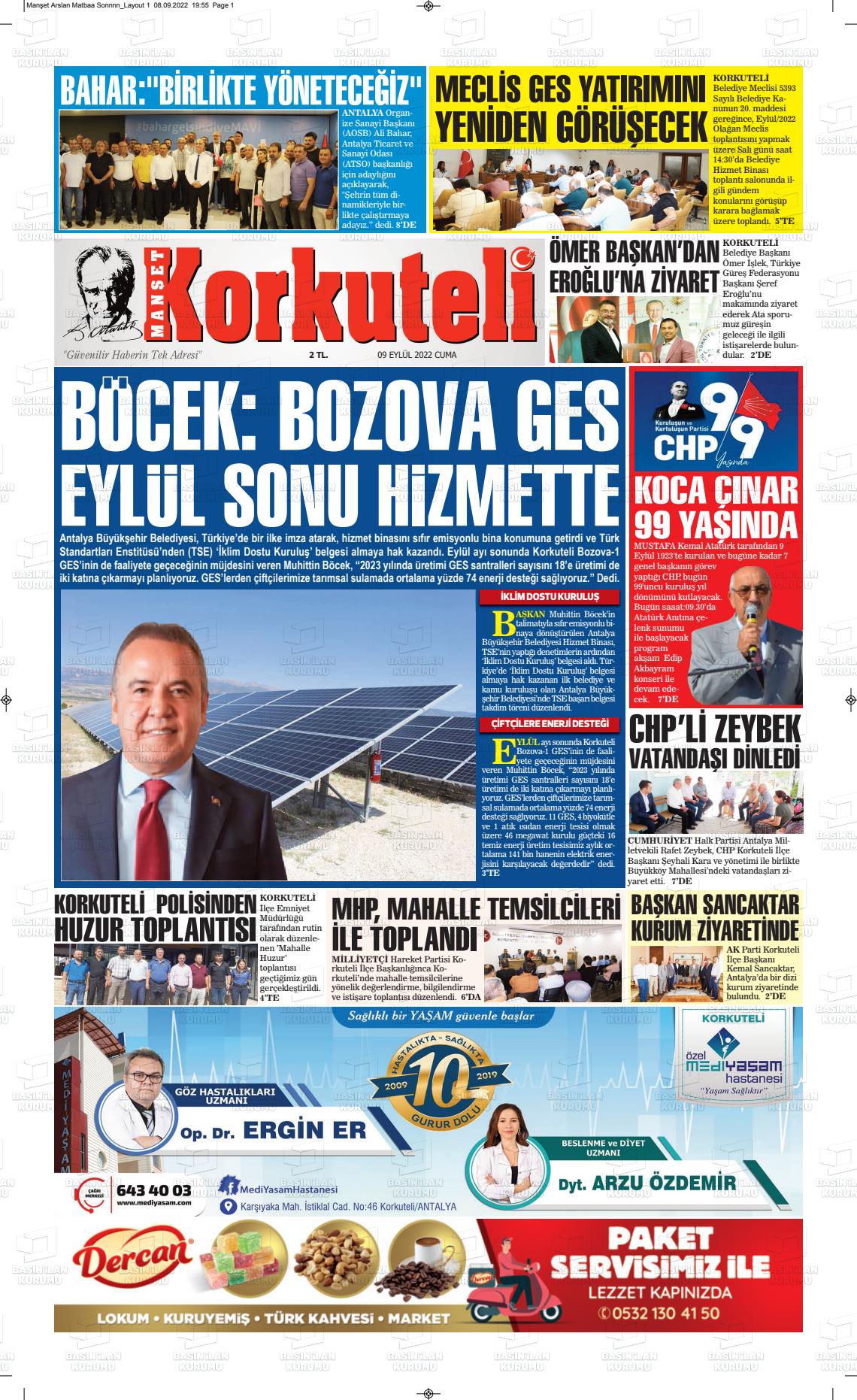 09 Eylül 2022 Korkuteli Manşet Gazete Manşeti